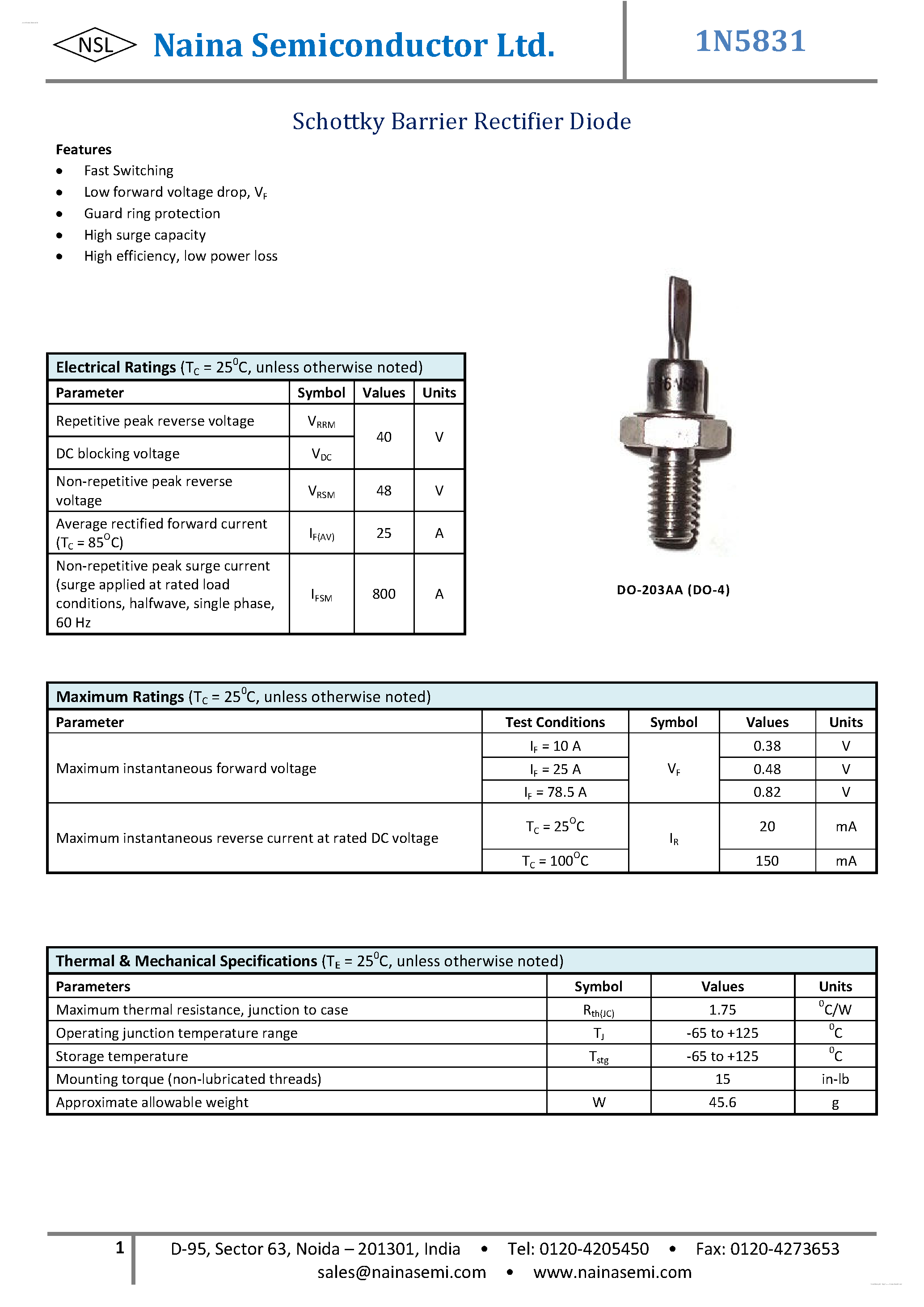 Даташит на микросхему IN5831 страница 1 Даташит IN5831 - Schottky Diodes страница 1