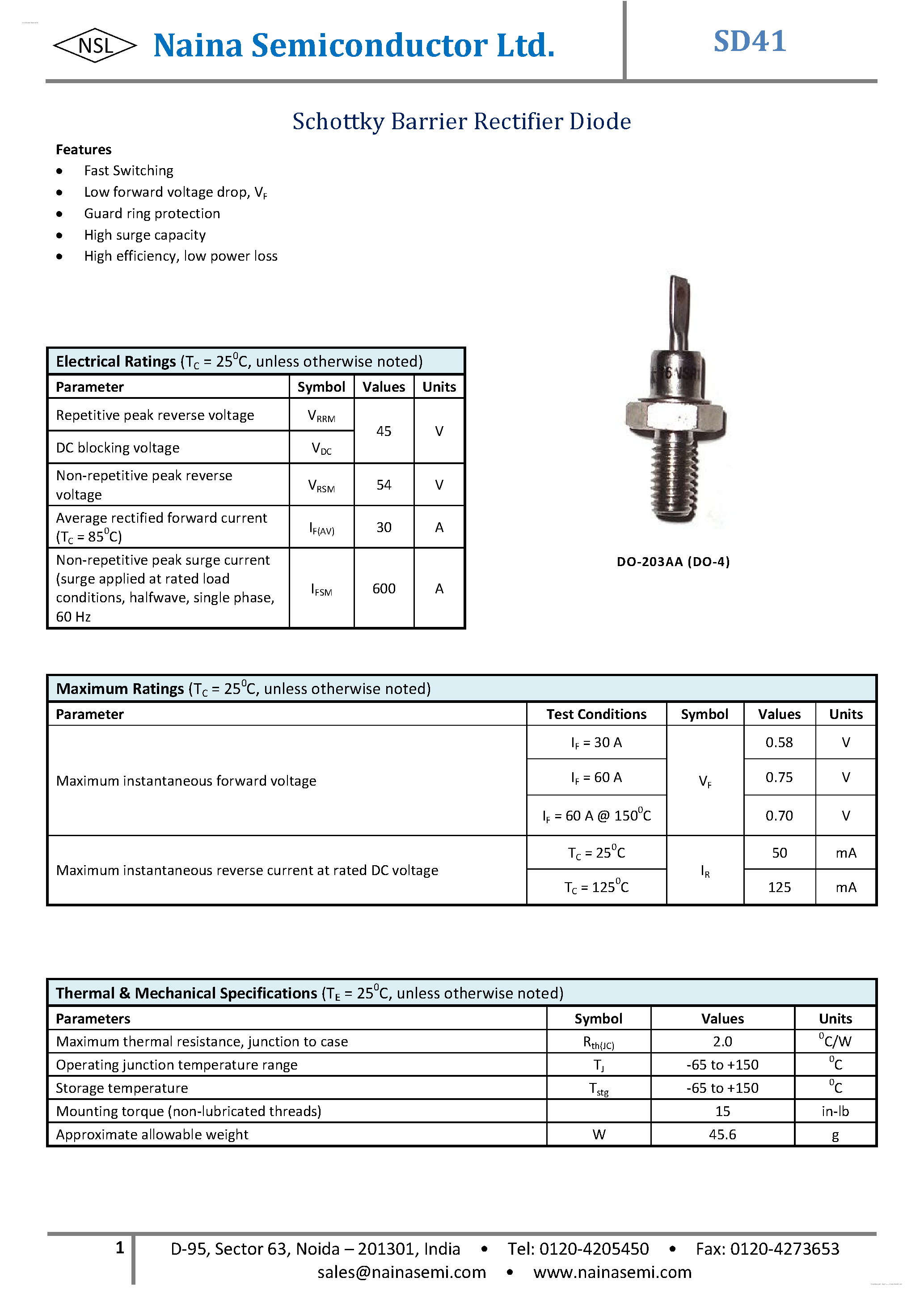 Даташит SD41 - Schottky Diodes страница 1