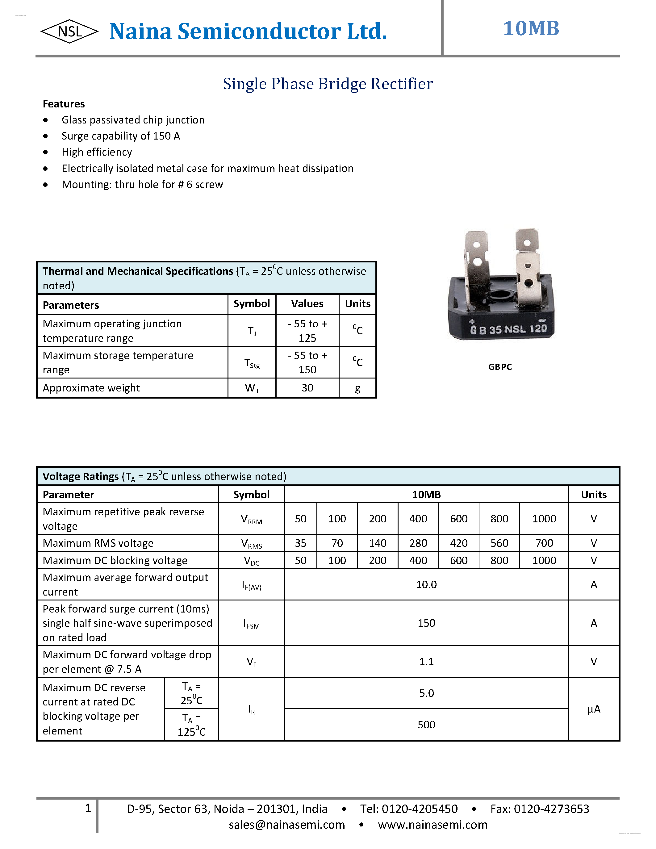 Datasheet 10MB - Single Phase Bridge Rectifier page 1