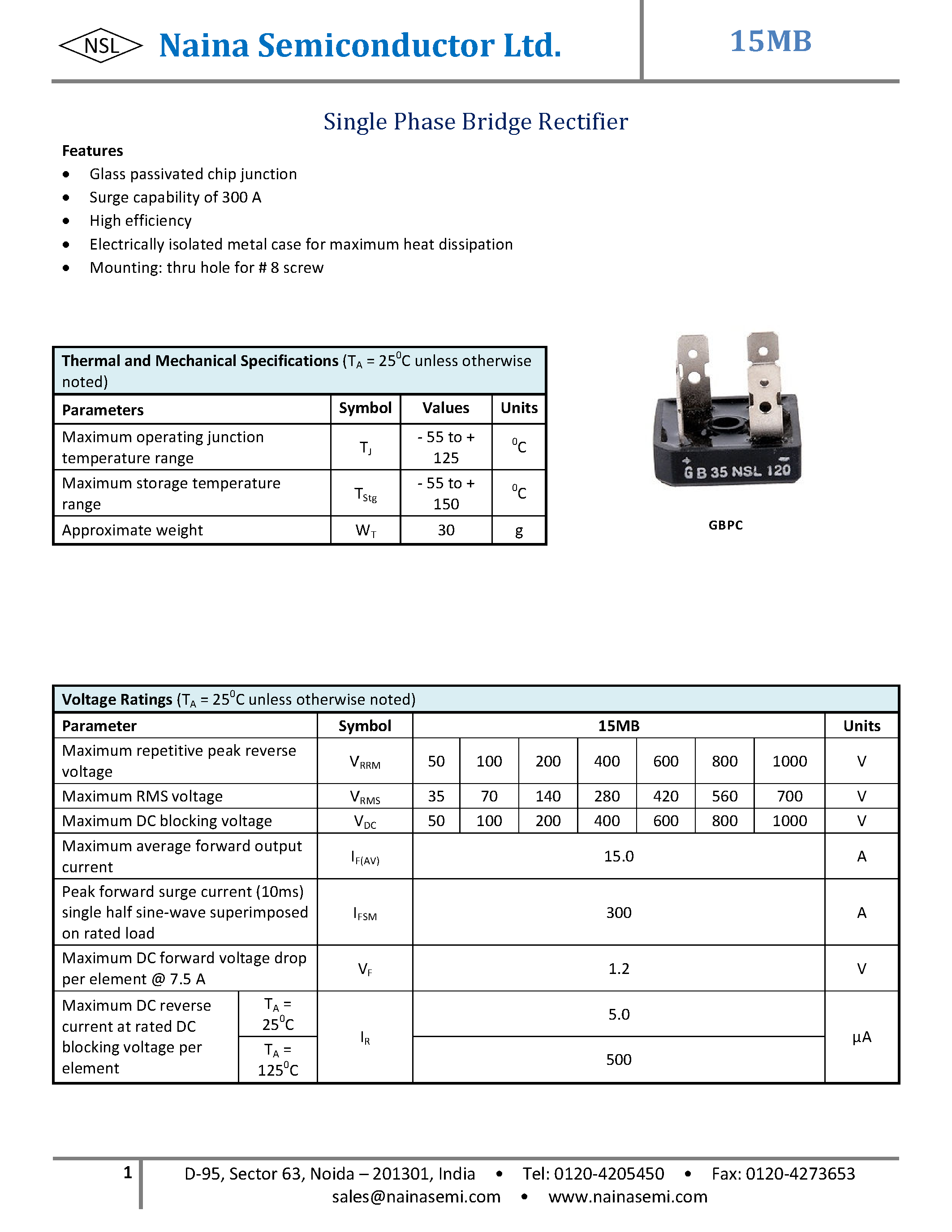 Datasheet 15MB - Single Phase Bridge Rectifier page 1