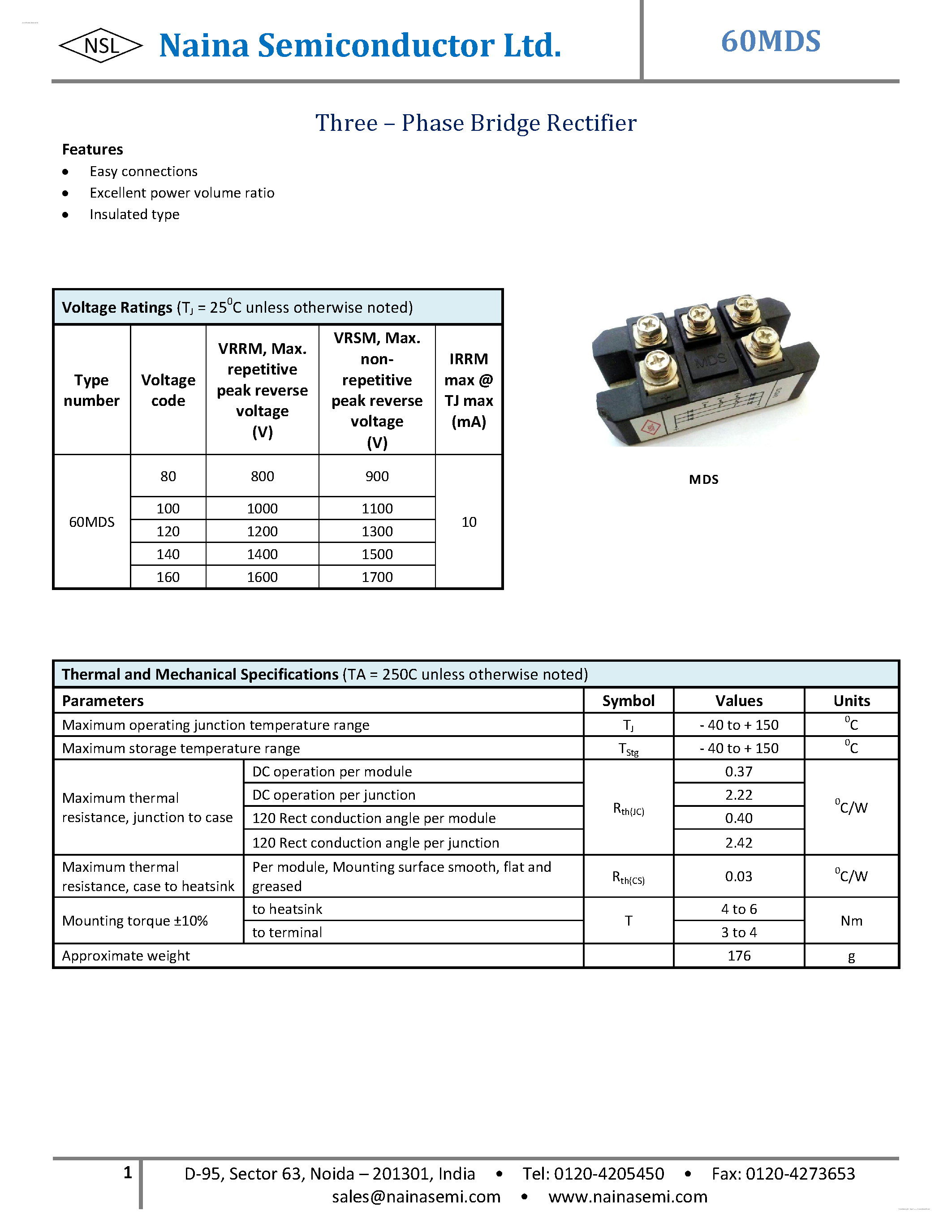 Datasheet 60MDS page 1 Datasheet 60MDS - Three Phase Bridge Rectifier page 1