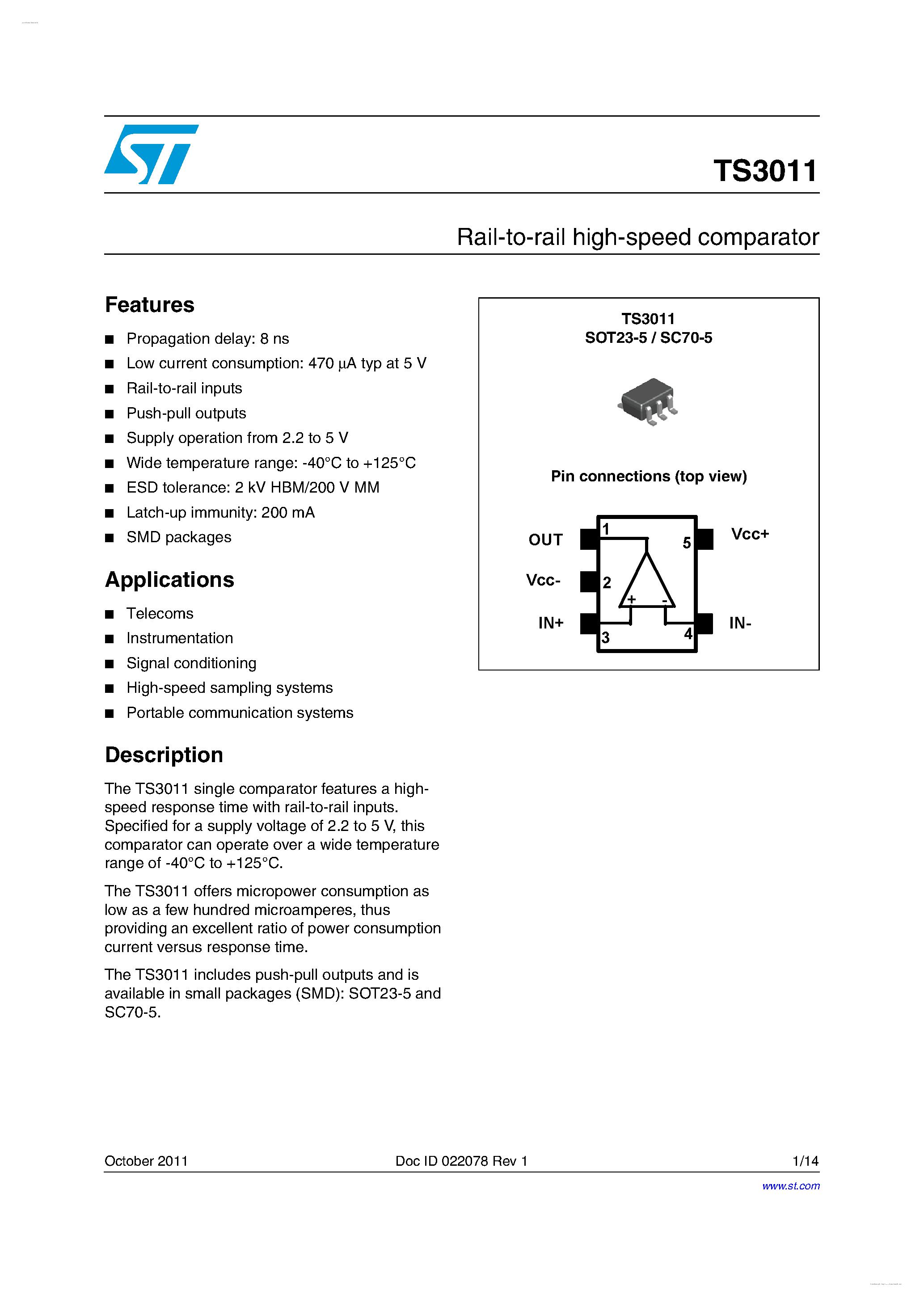 Даташит TS3011 - Rail-to-rail high-speed comparator страница 1