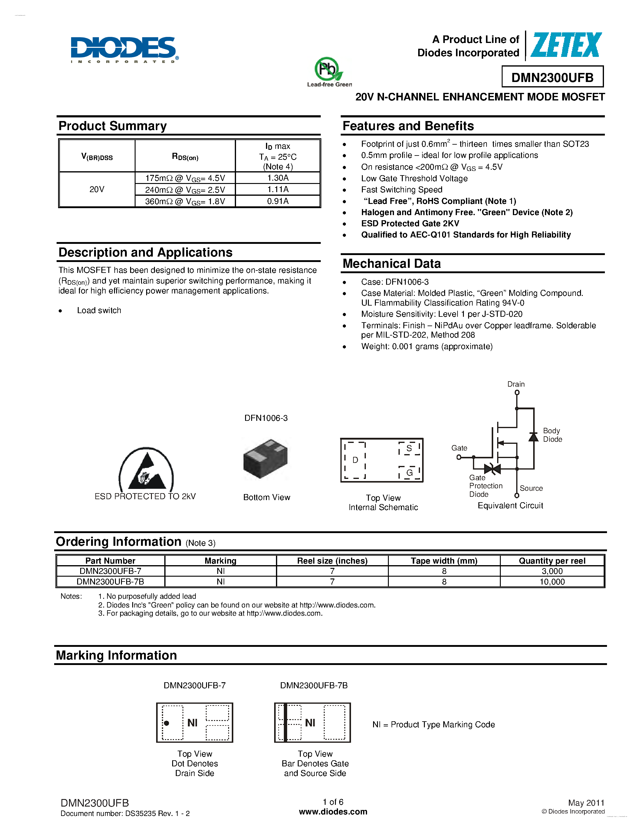 Datasheet DMN2300UFB - 20V N-CHANNEL ENHANCEMENT MODE MOSFET page 1