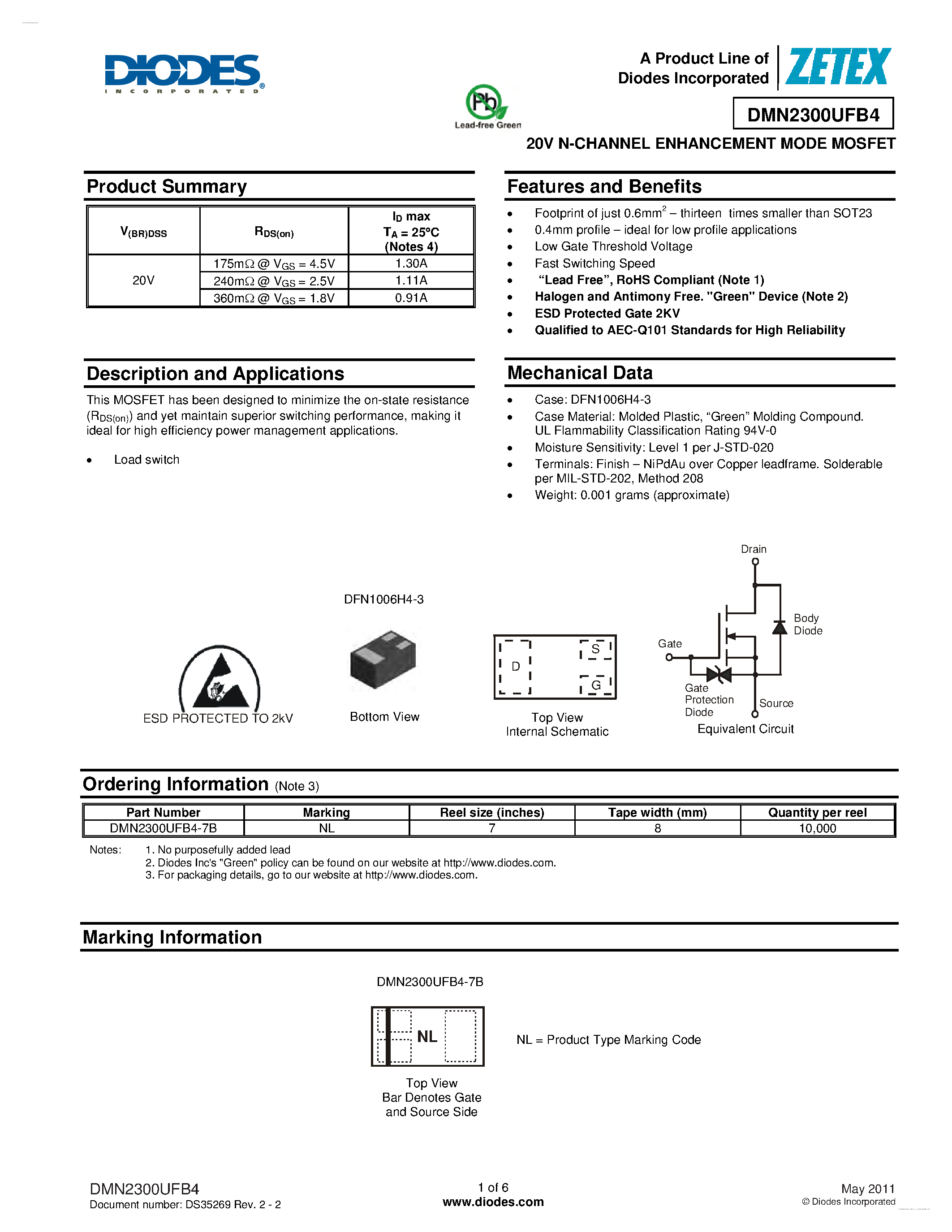 Datasheet DMN2300UFB4 - 20V N-CHANNEL ENHANCEMENT MODE MOSFET page 1