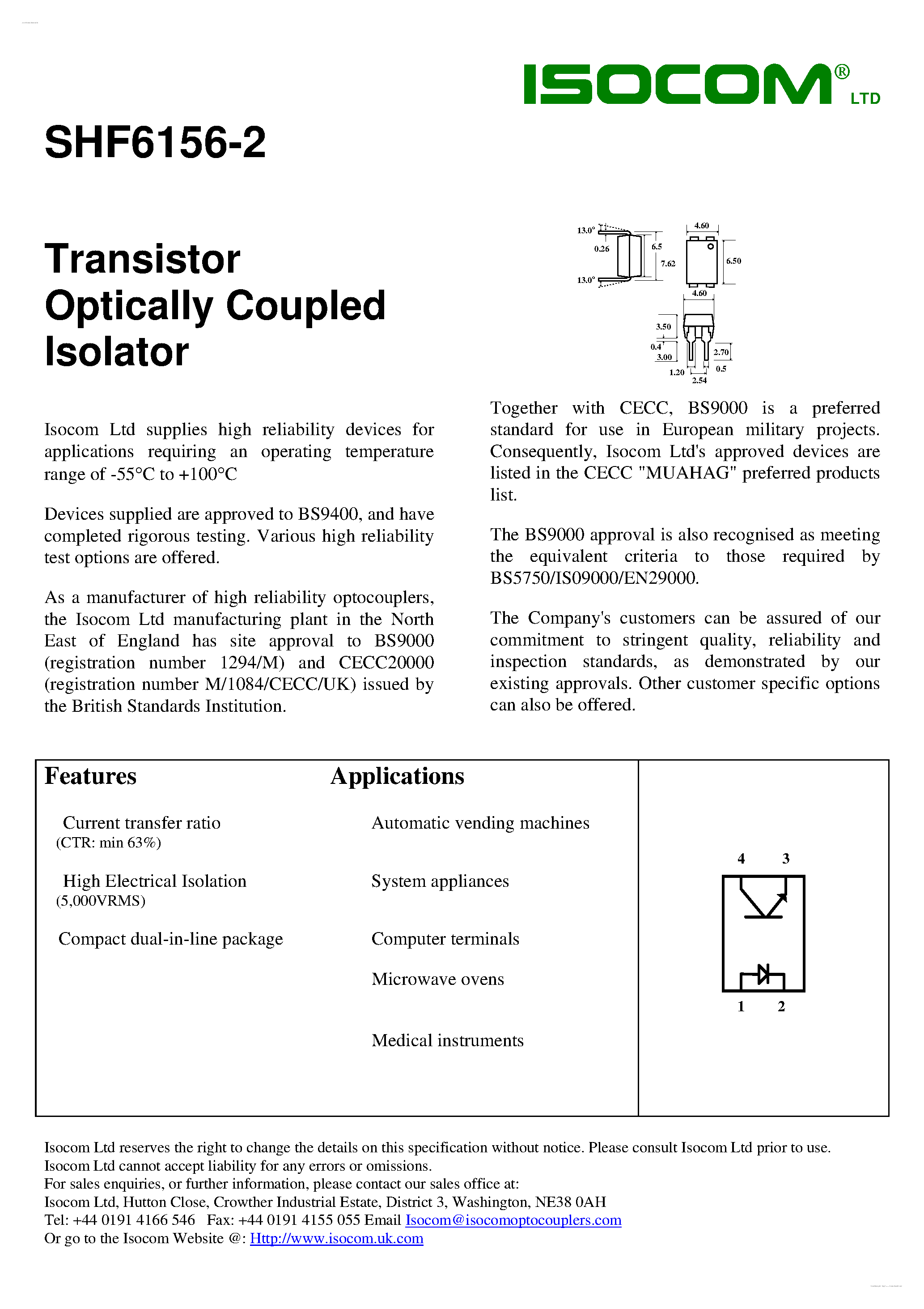 Datasheet SHF6156-2 - Transistor Optically Coupled Isolator page 1