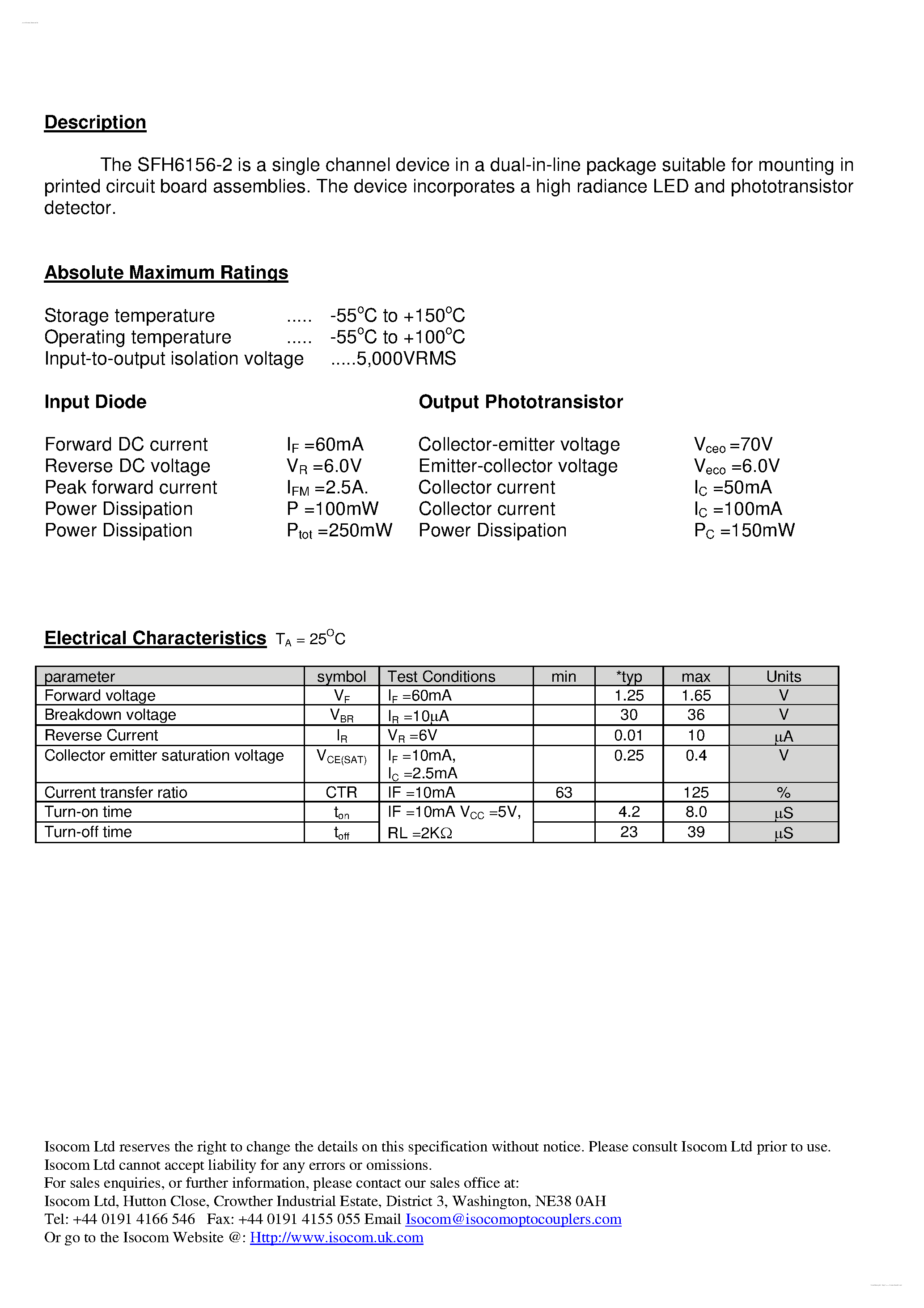 Datasheet SHF6156-2 - Transistor Optically Coupled Isolator page 2