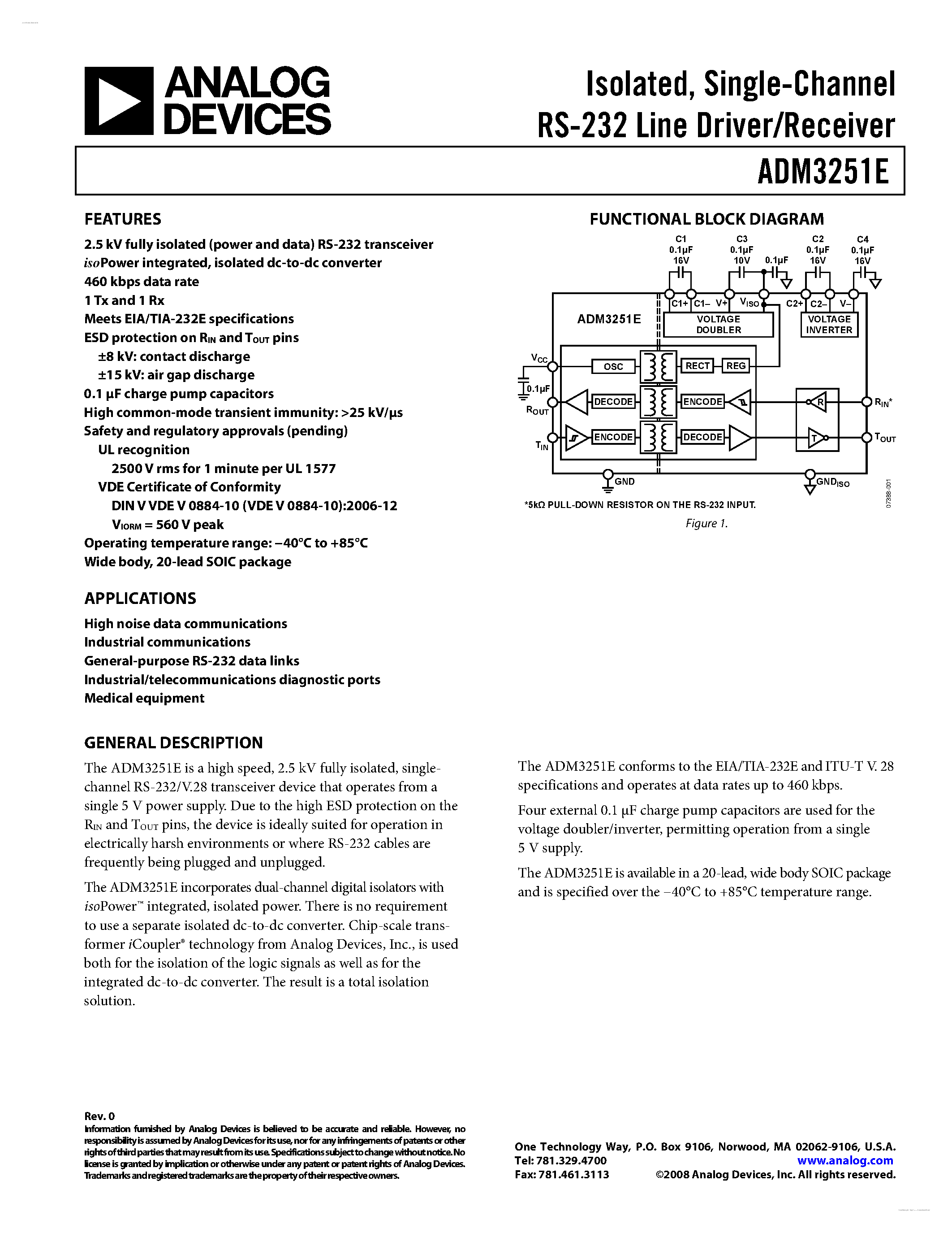 Datasheet ADM3251E - Single-Channel RS-232 Line Driver/Receiver page 1