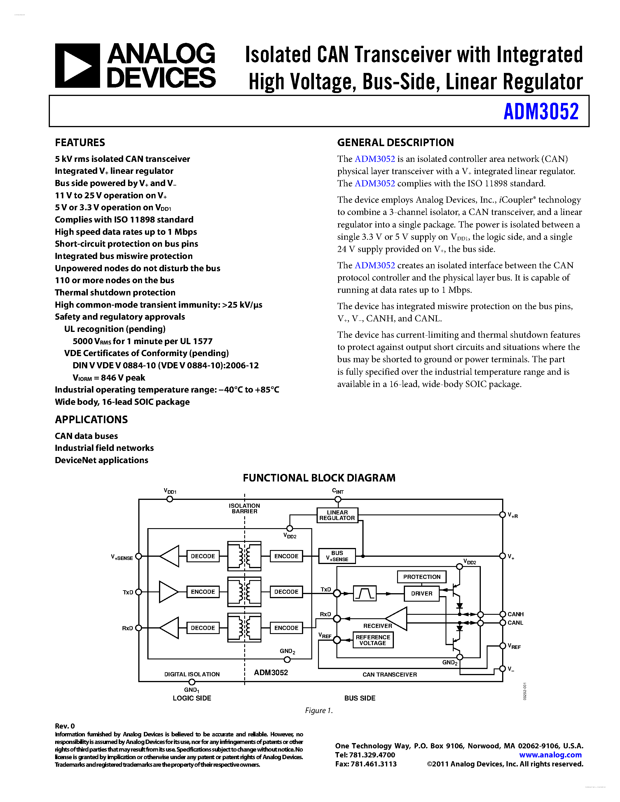 Datasheet ADM3052 - Isolated CAN Transceiver page 1