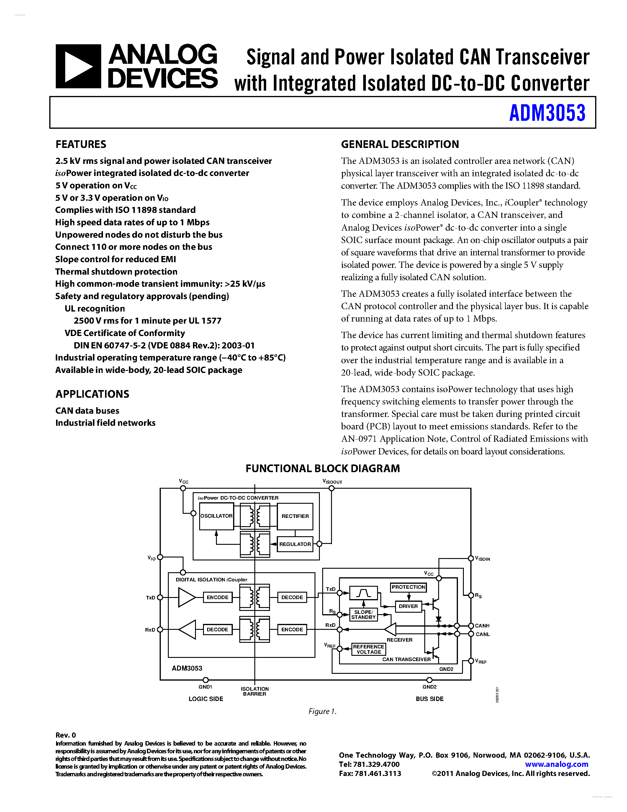 Datasheet ADM3053 - Signal and Power Isolated CAN Transceiver page 1