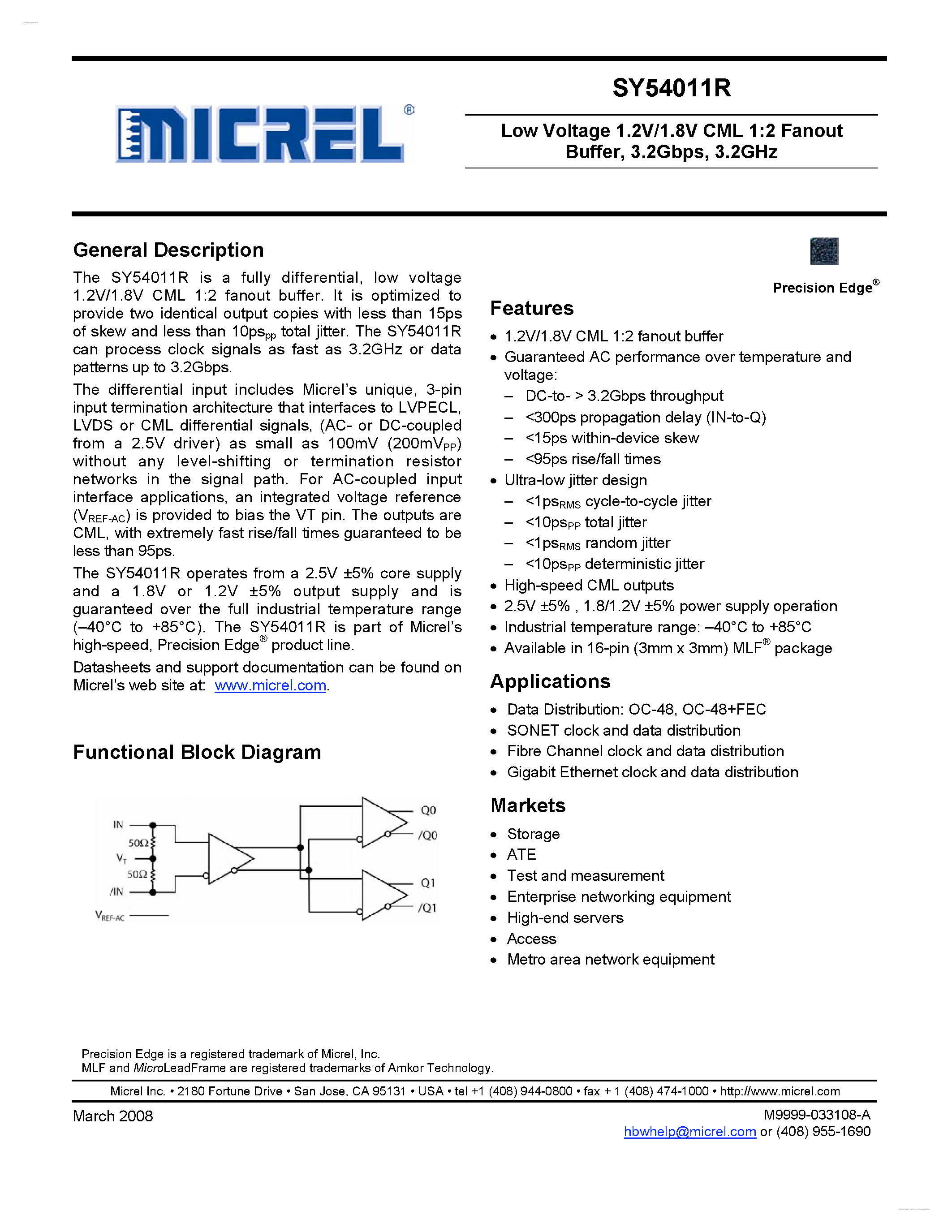 Даташит на микросхему SY54011R страница 1 Даташит SY54011R - Low Voltage 1.2V/1.8V CML 1:2 Fanout Buffer страница 1