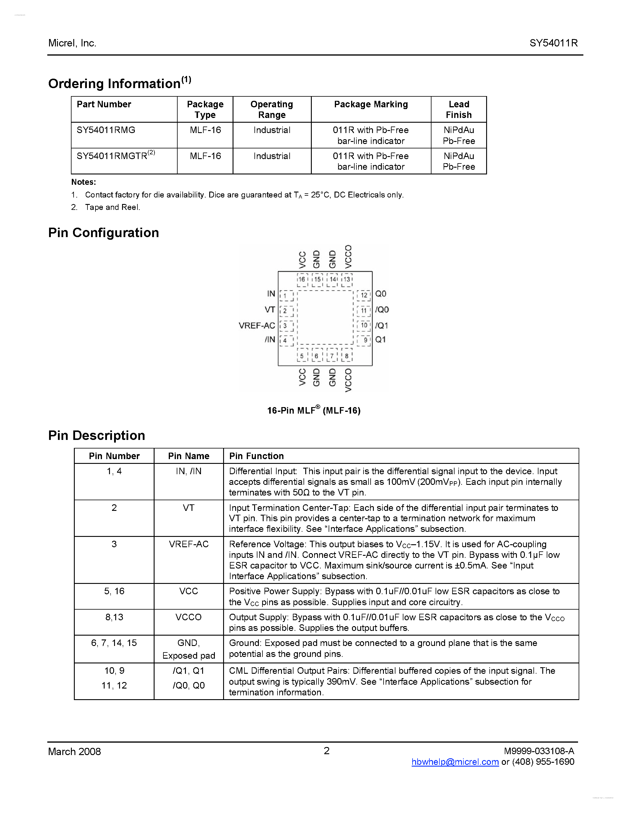 Даташит на микросхему SY54011R страница 2 Даташит SY54011R - Low Voltage 1.2V/1.8V CML 1:2 Fanout Buffer страница 2