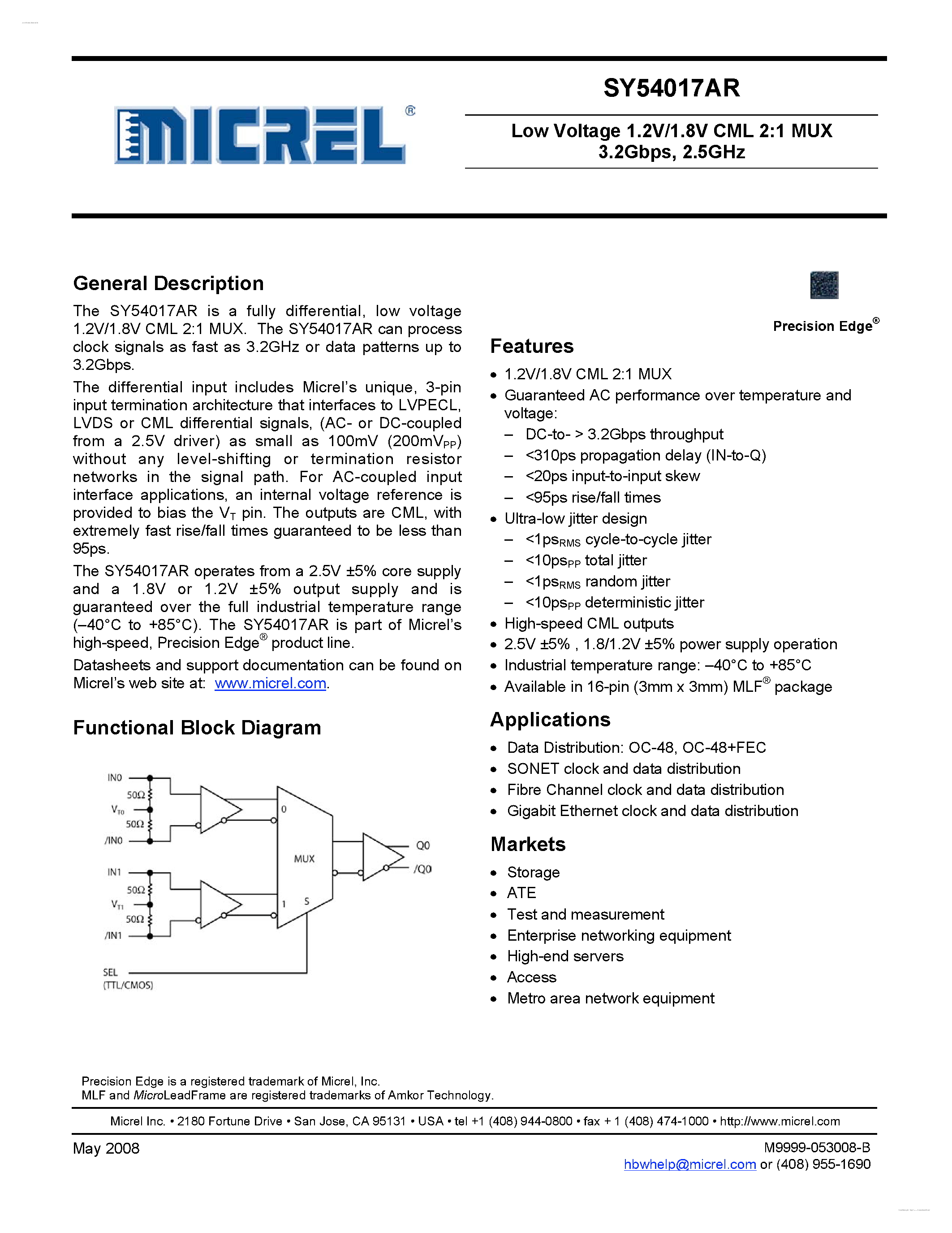 Datasheet SY54017AR - Low Voltage 1.2V/1.8V CML 2:1 MUX page 1