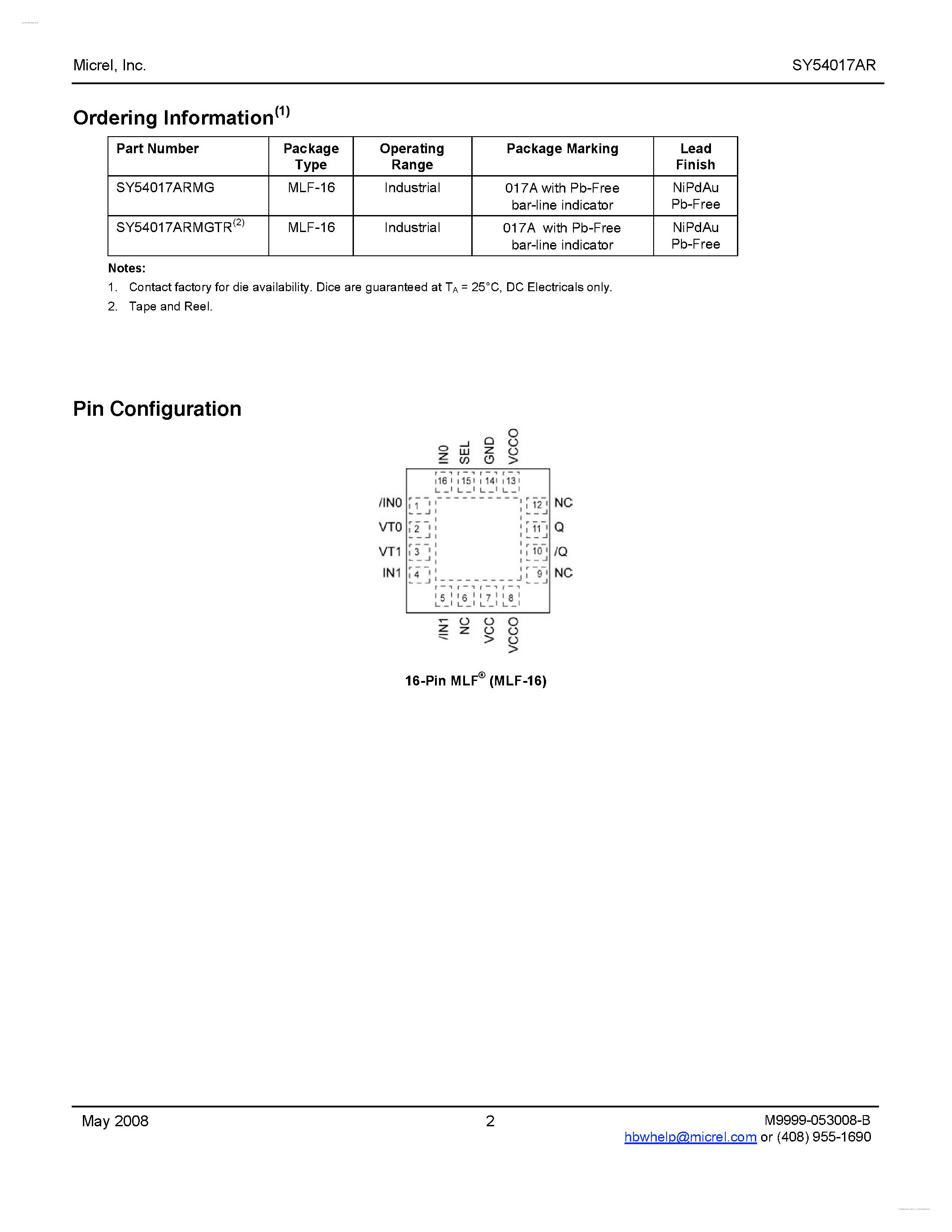 Datasheet SY54017AR - Low Voltage 1.2V/1.8V CML 2:1 MUX page 2