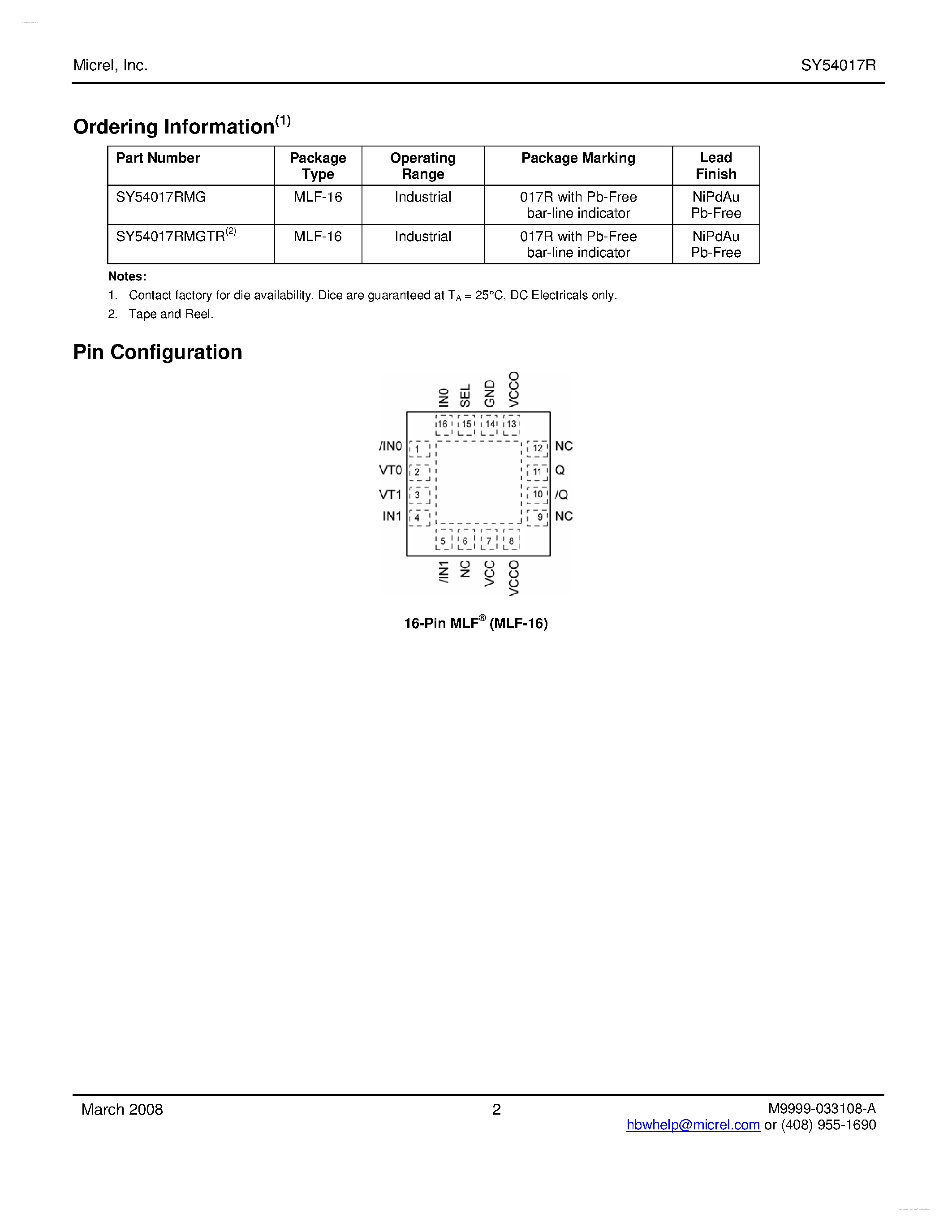 Datasheet SY54017R - Low Voltage 1.2V/1.8V CML 2:1 MUX page 2