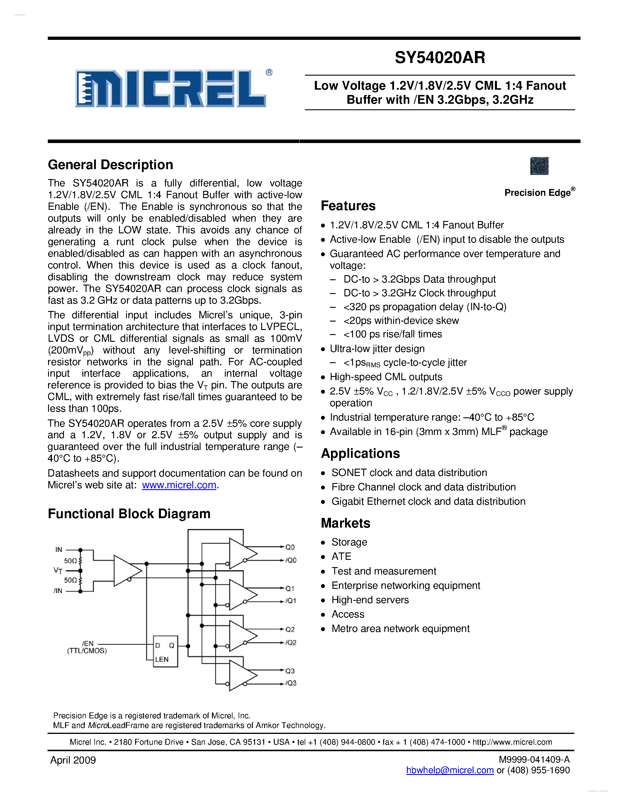 Даташит на микросхему SY54020AR страница 1 Даташит SY54020AR - Low Voltage 1.2V/1.8V/2.5V CML 1:4 Fanout Buffer страница 1