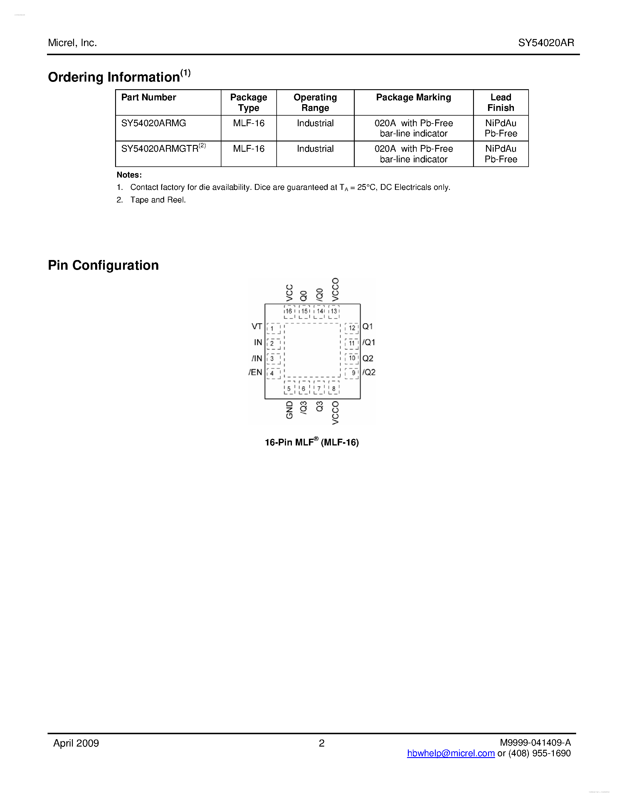 Даташит на микросхему SY54020AR страница 2 Даташит SY54020AR - Low Voltage 1.2V/1.8V/2.5V CML 1:4 Fanout Buffer страница 2