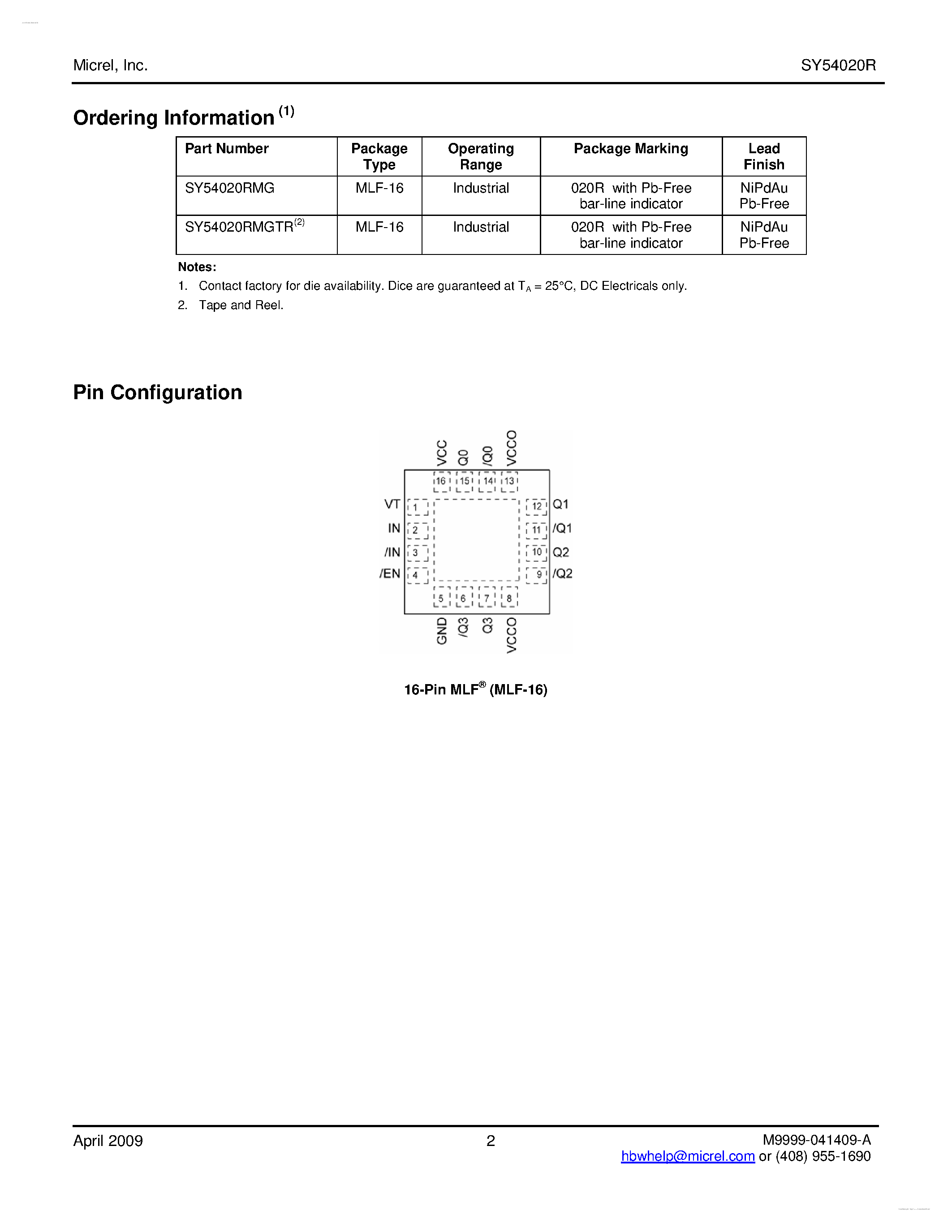 Даташит на микросхему SY54020R страница 2 Даташит SY54020R - Low Voltage 1.2V/1.8V/2.5V CML 1:4 Fanout Buffer страница 2