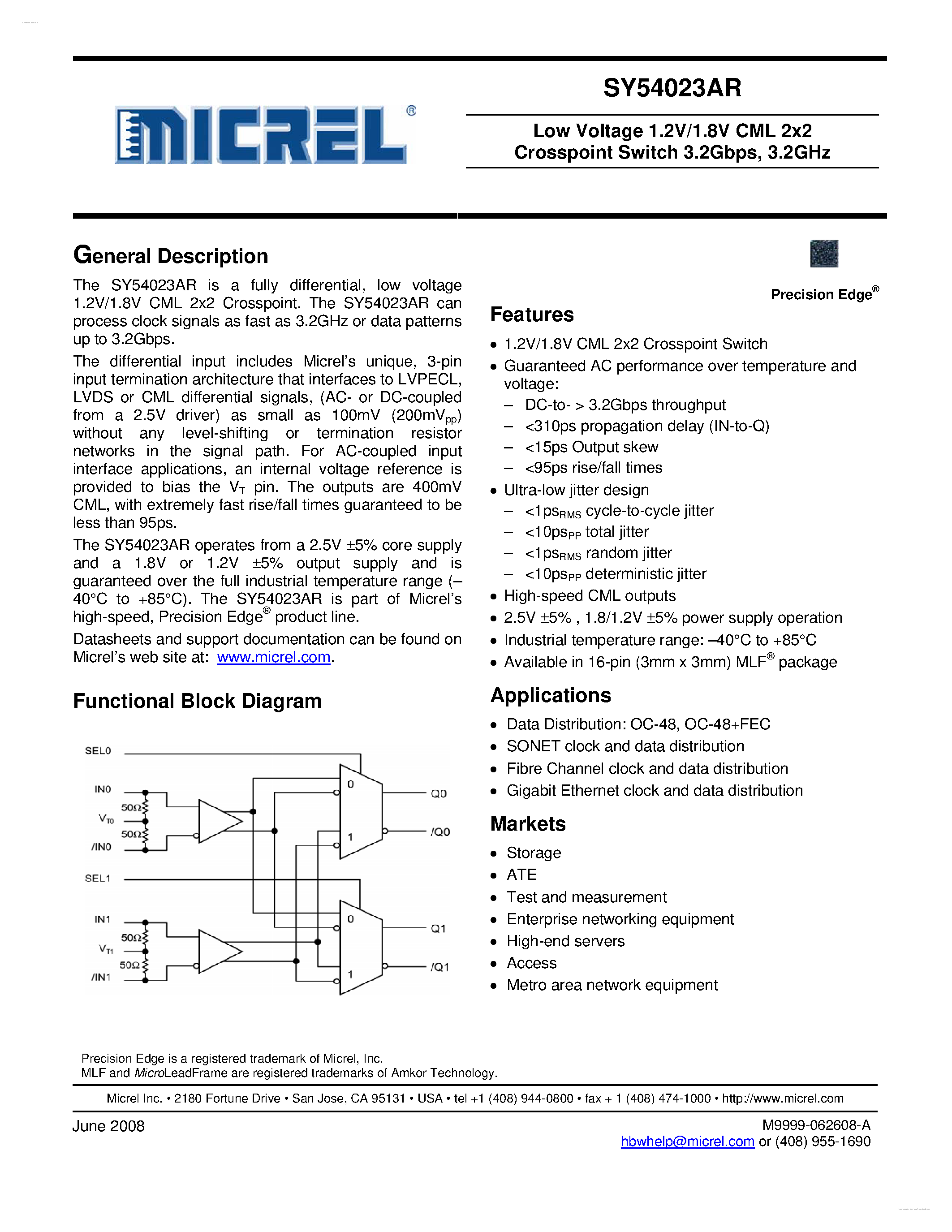 Datasheet SY54023AR - Low Voltage 1.2V/1.8V CML 2x2 Crosspoint Switch 3.2Gbps page 1