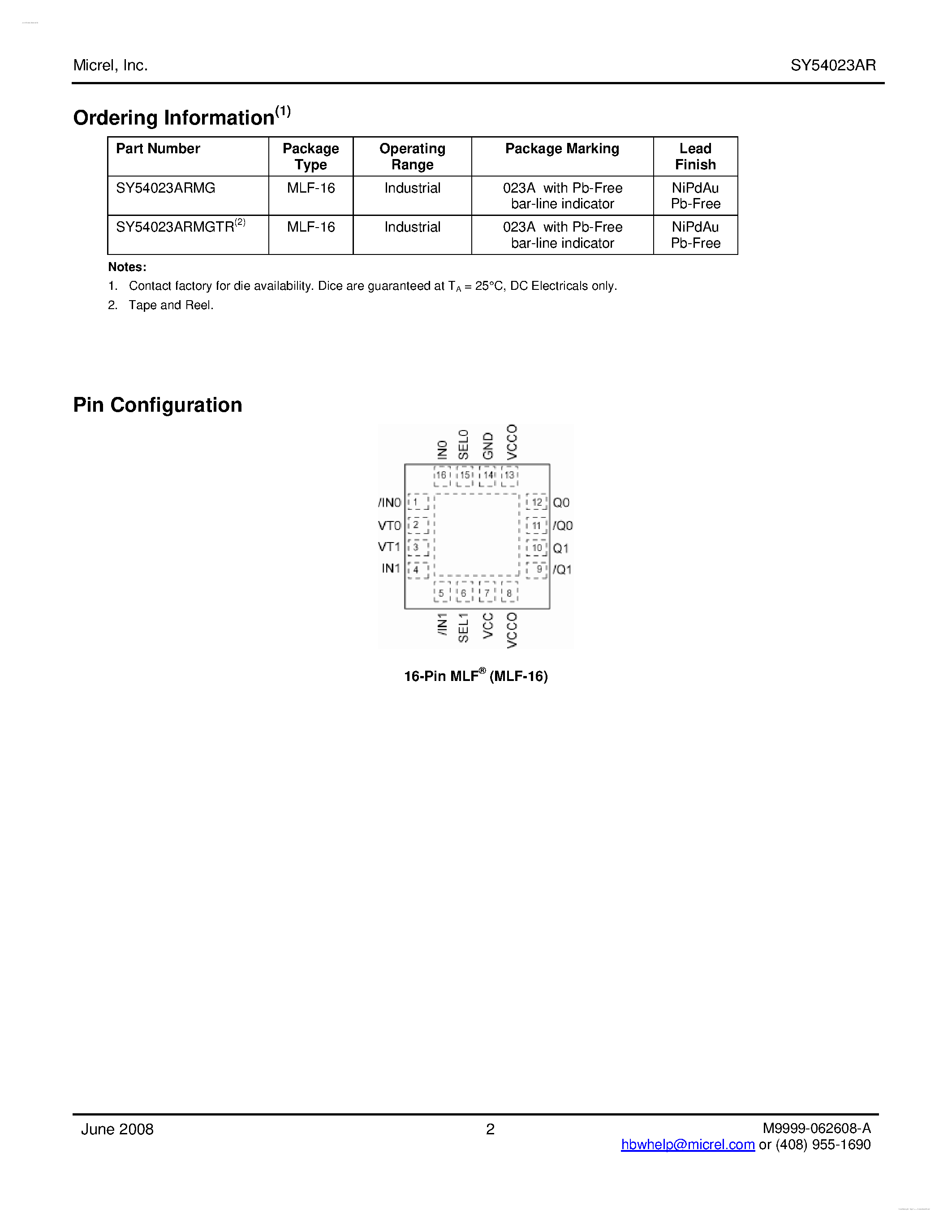 Datasheet SY54023AR - Low Voltage 1.2V/1.8V CML 2x2 Crosspoint Switch 3.2Gbps page 2