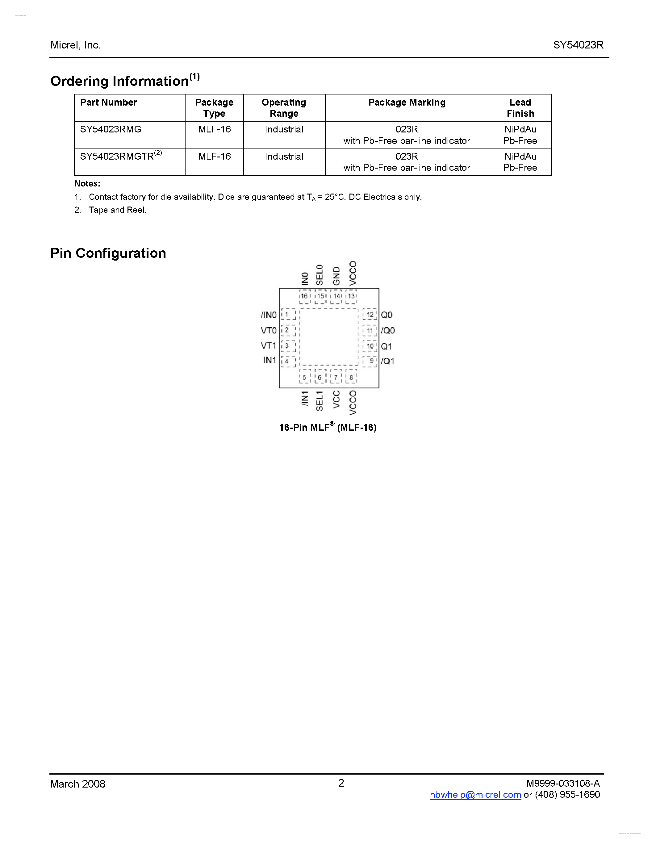 Даташит на микросхему SY54023R страница 2 Даташит SY54023R - Low Voltage 1.2V/1.8V CML 2x2 Crosspoint Switch страница 2