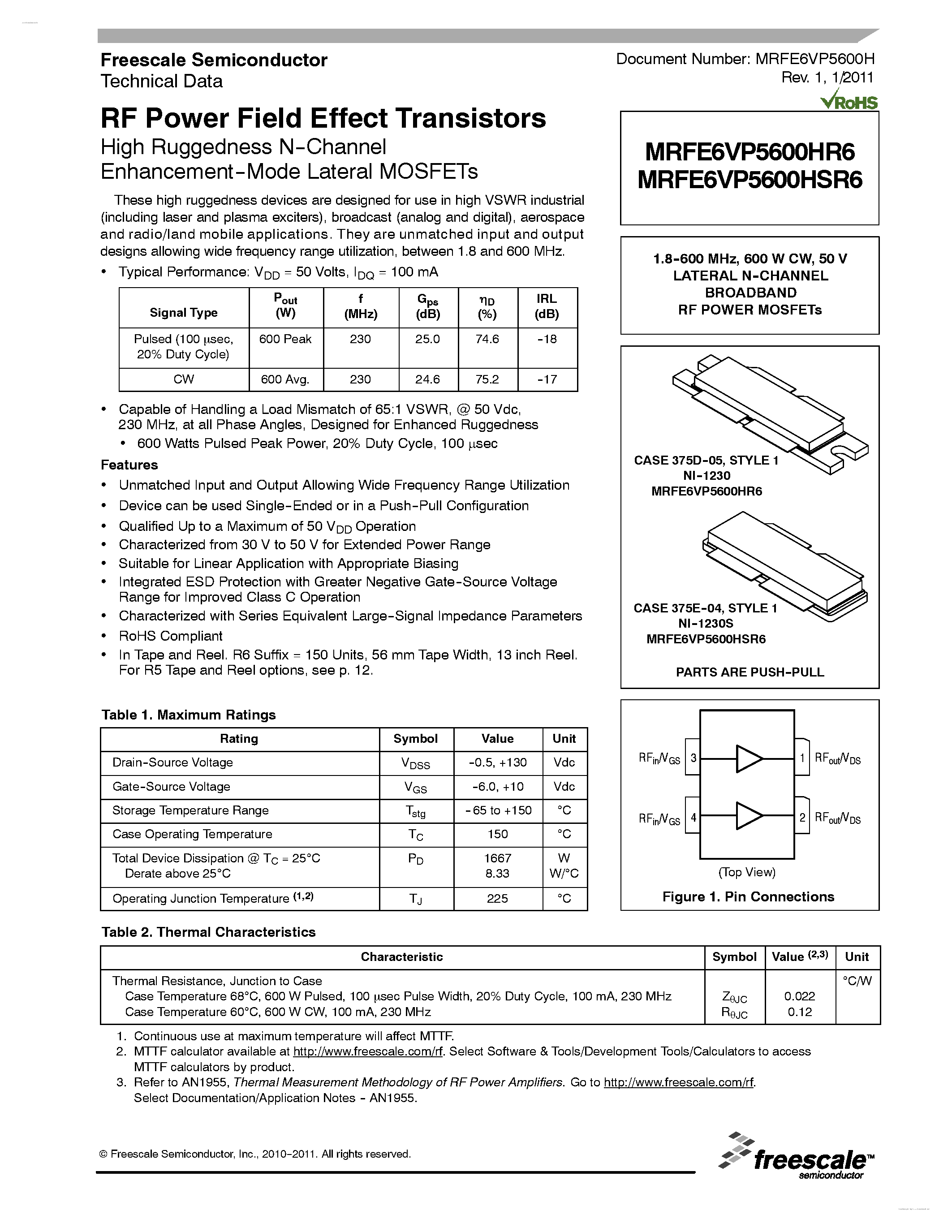 Datasheet MRFE6VP5600HR6 - RF Power Field Effect Transistors page 1