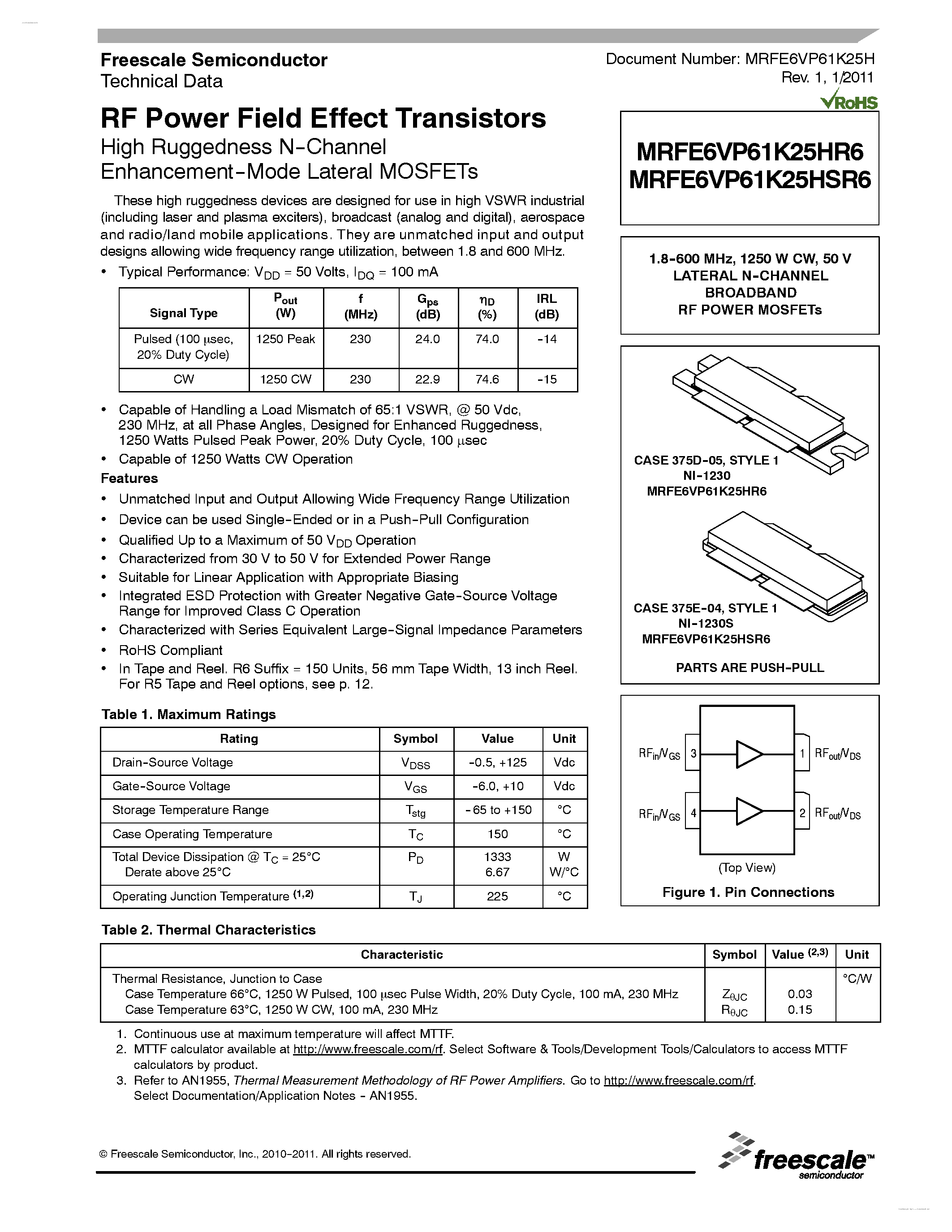 Datasheet MRFE6VP61K25HR6 - RF Power Field Effect Transistors page 1