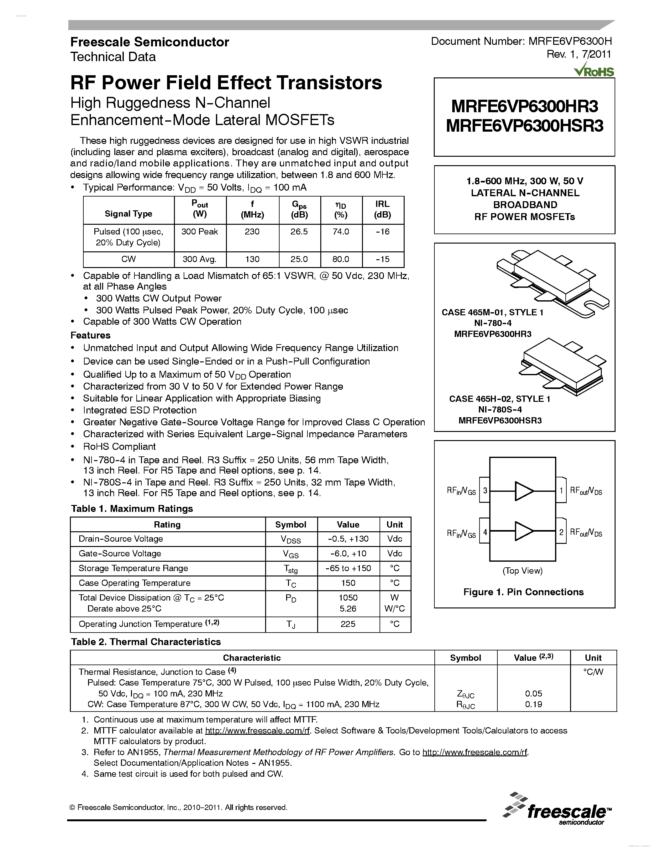 Datasheet MRFE6VP6300HR3 - RF Power Field Effect Transistors page 1