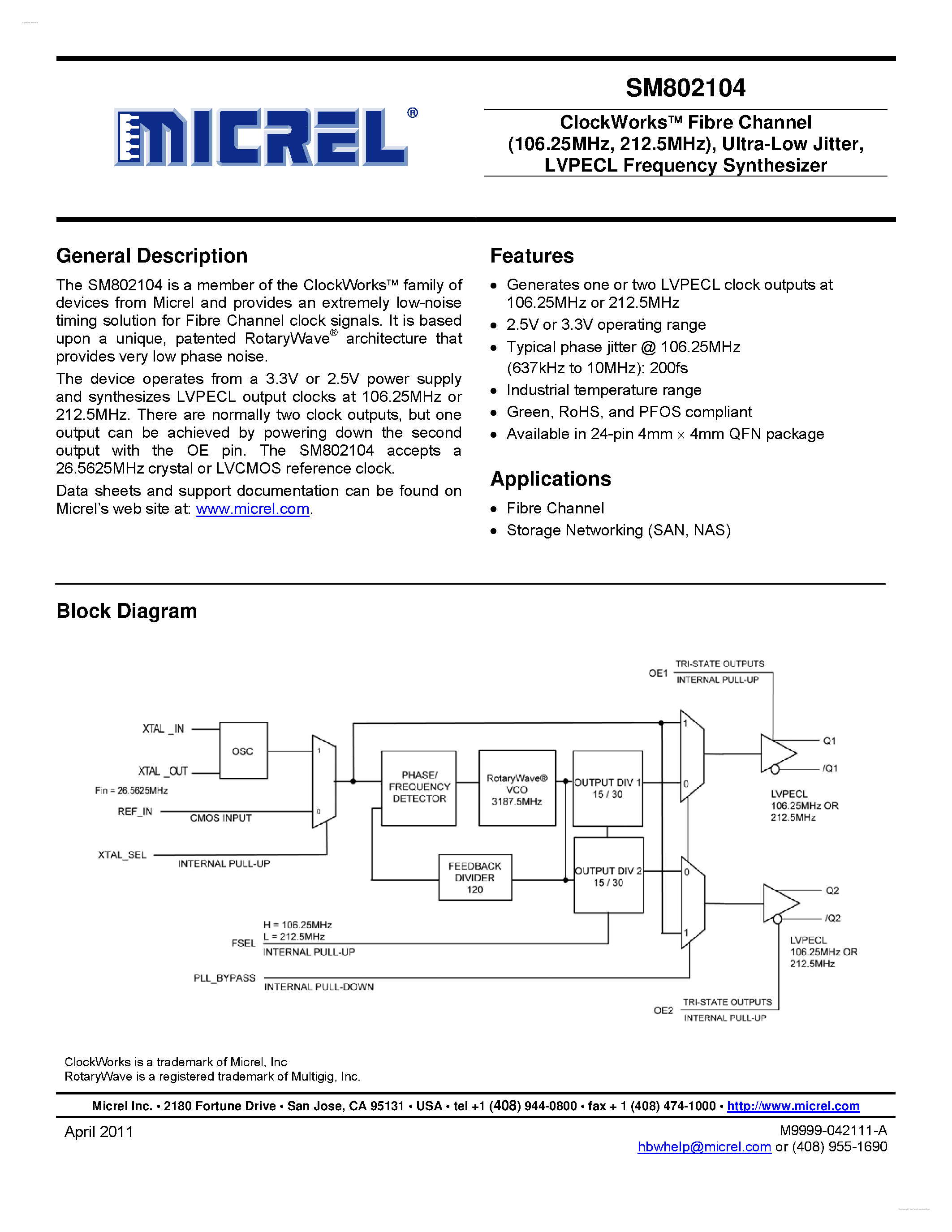 Datasheet SM802104 - LVPECL Frequency Synthesizer page 1