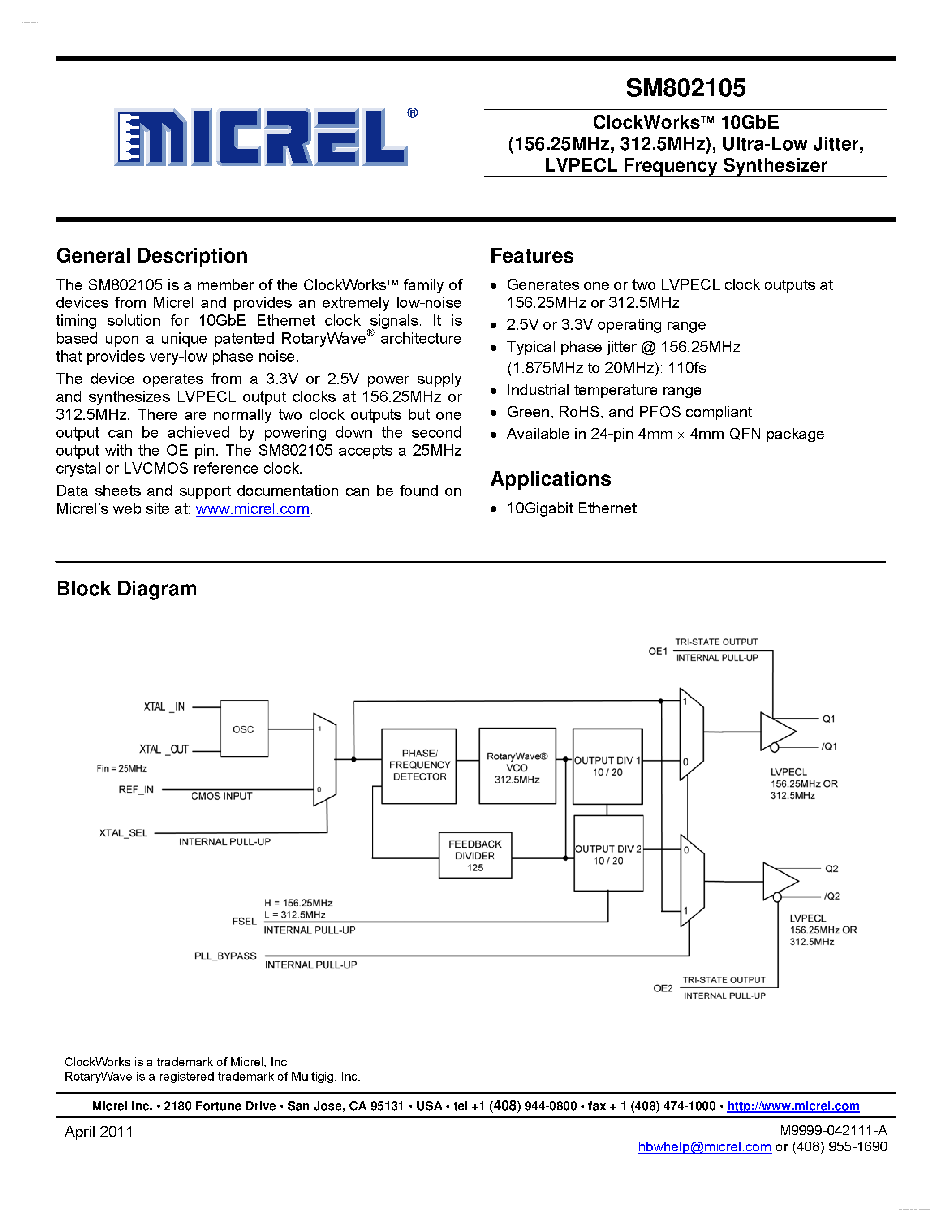 Даташит на микросхему SM802105 страница 1 Даташит SM802105 - LVPECL Frequency Synthesizer страница 1