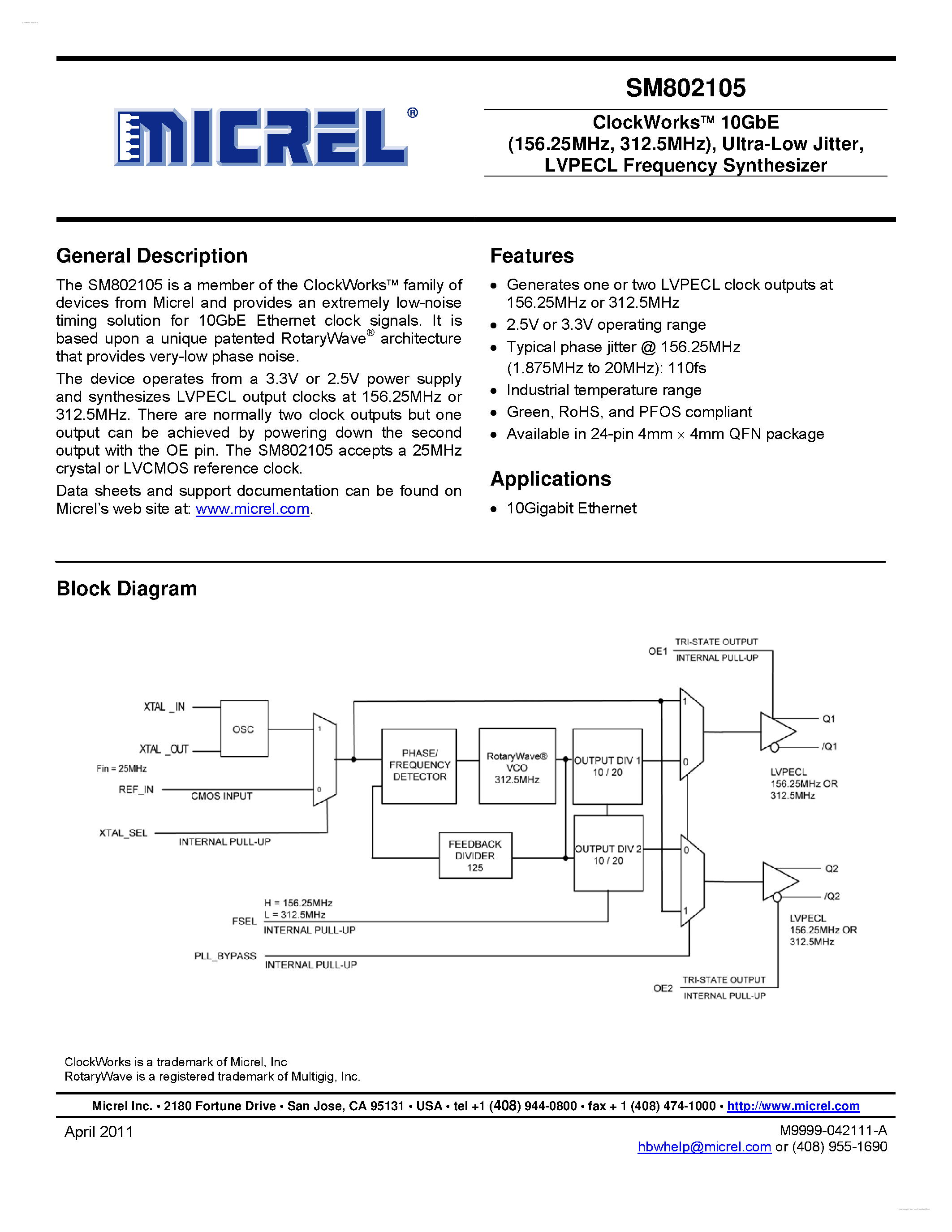 Datasheet SM802105 - LVPECL Frequency Synthesizer page 1