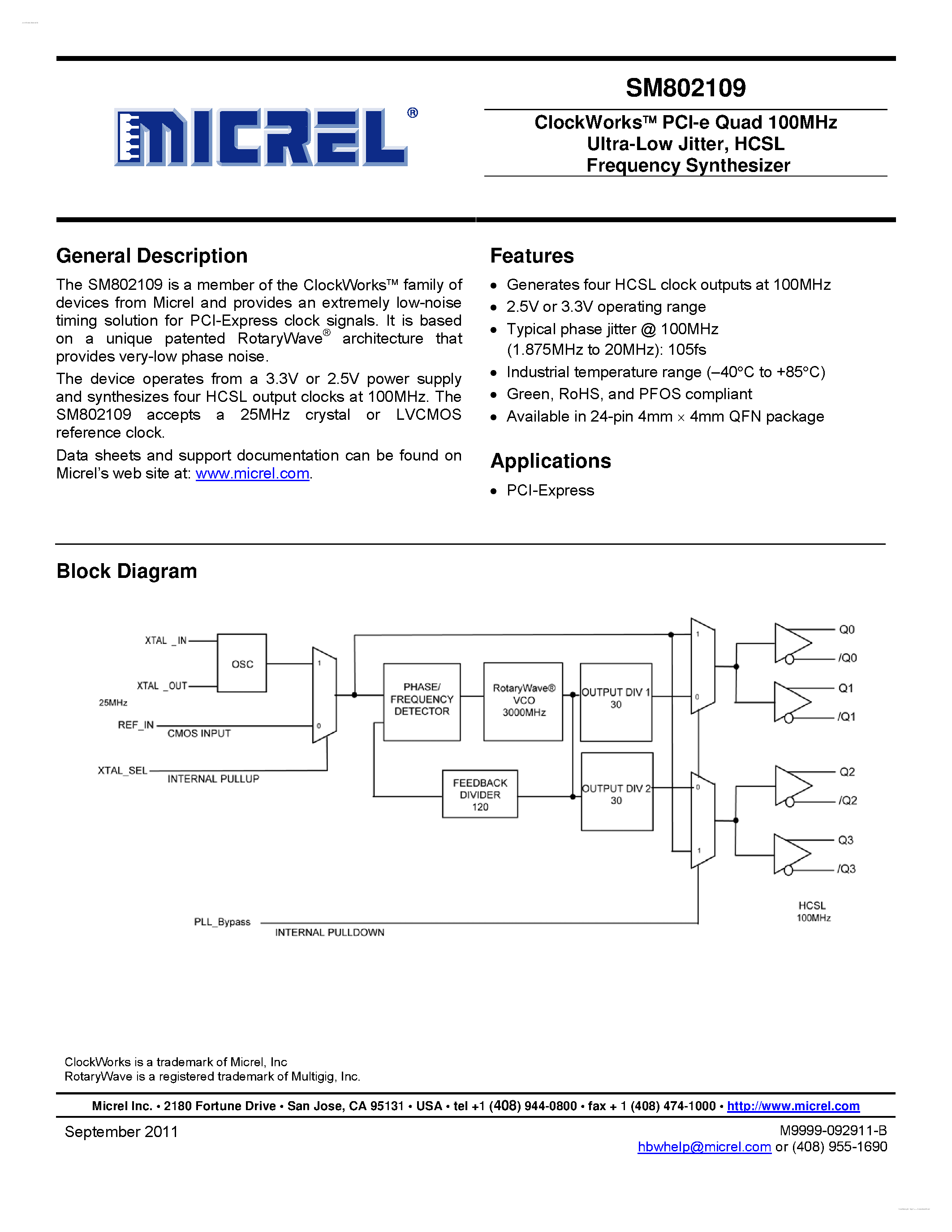 Datasheet SM802109 - HCSL Frequency Synthesizer page 1