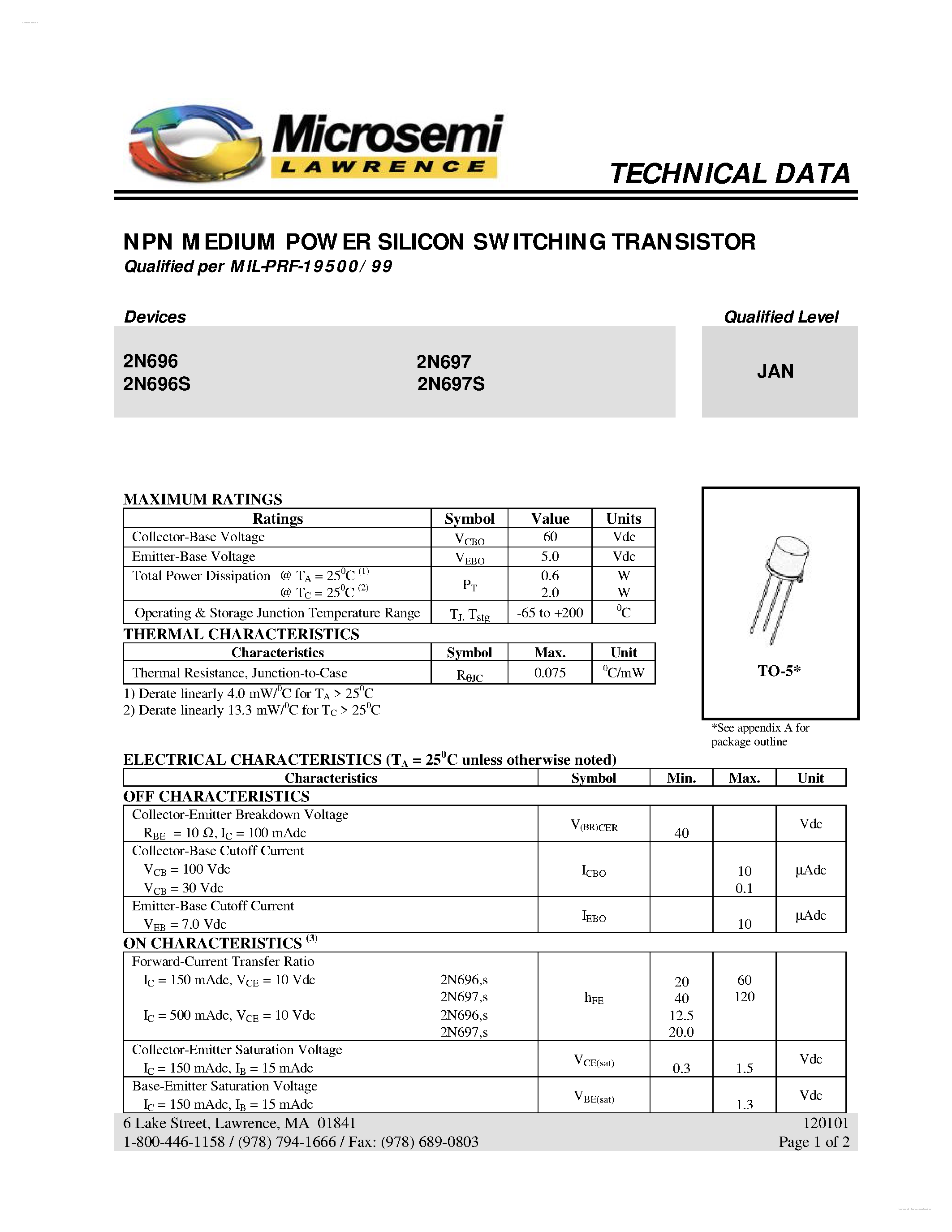 Datasheet 2N696 - (2N696 / 2N697) NPN Transistor page 1