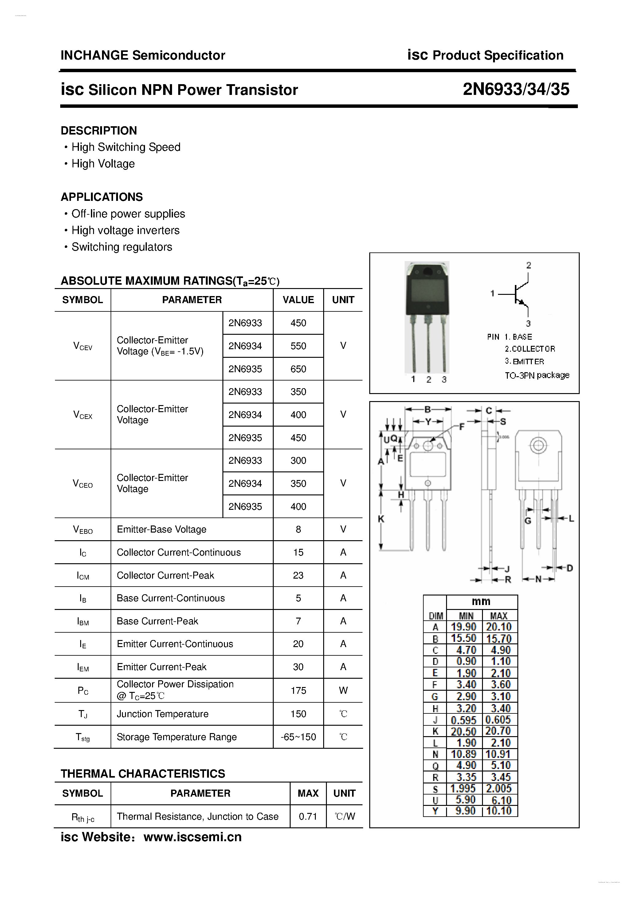 Datasheet 2N6933 - (2N6933 - 2N6935) Silicon NPN Power Transistor page 1