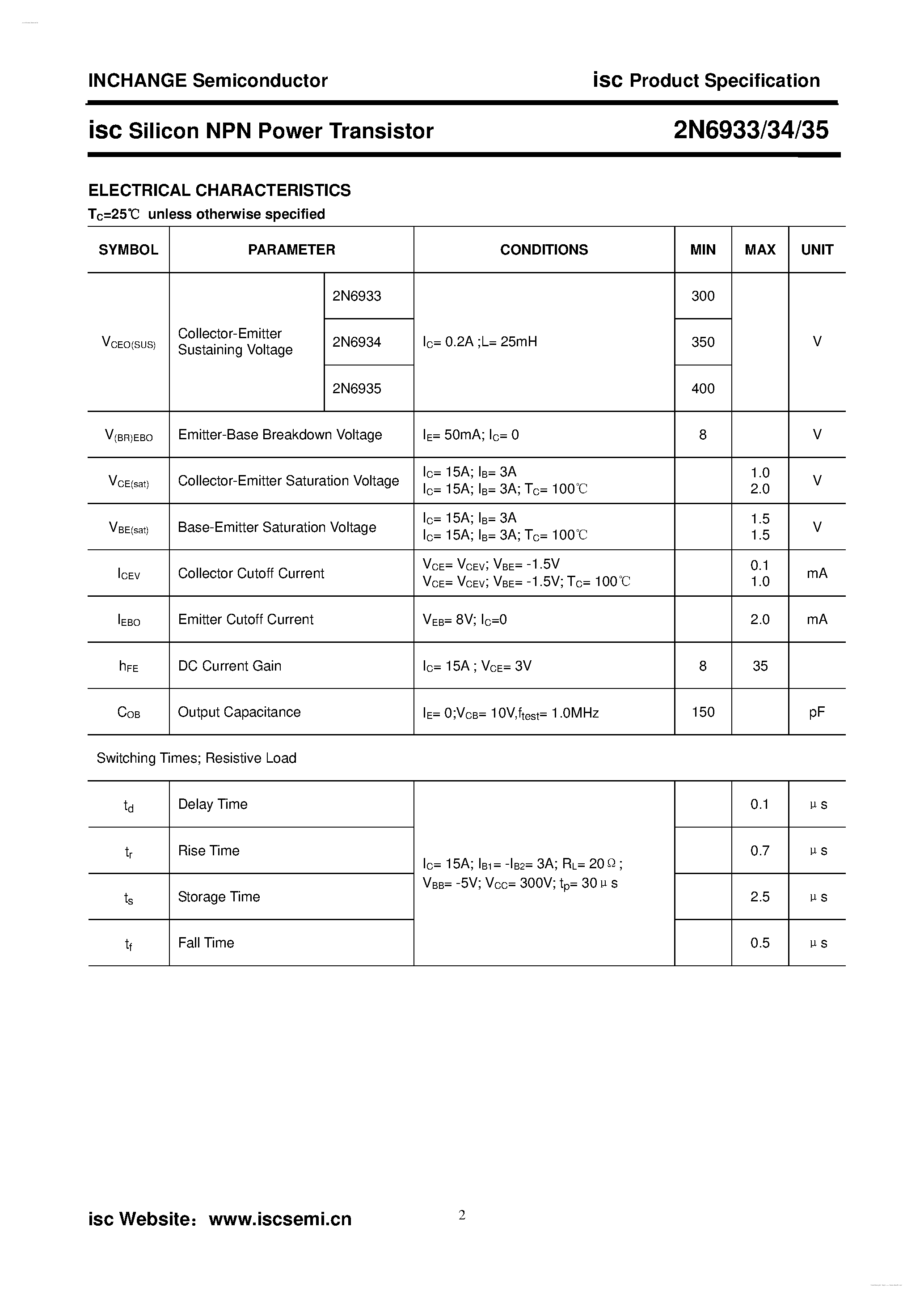Datasheet 2N6933 - (2N6933 - 2N6935) Silicon NPN Power Transistor page 2