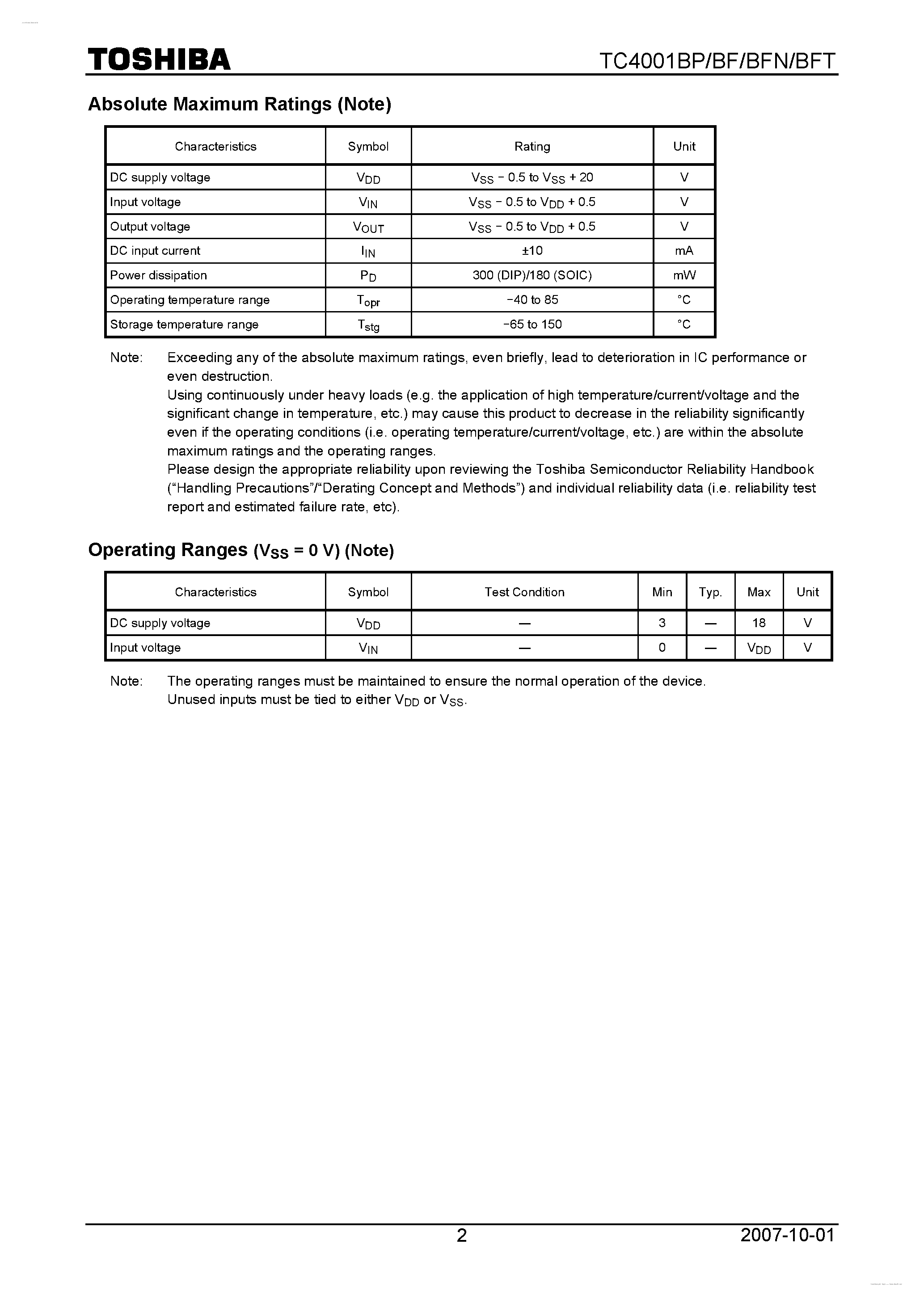 Datasheet TC4001BF - CMOS Digital Integrated Circuit page 2