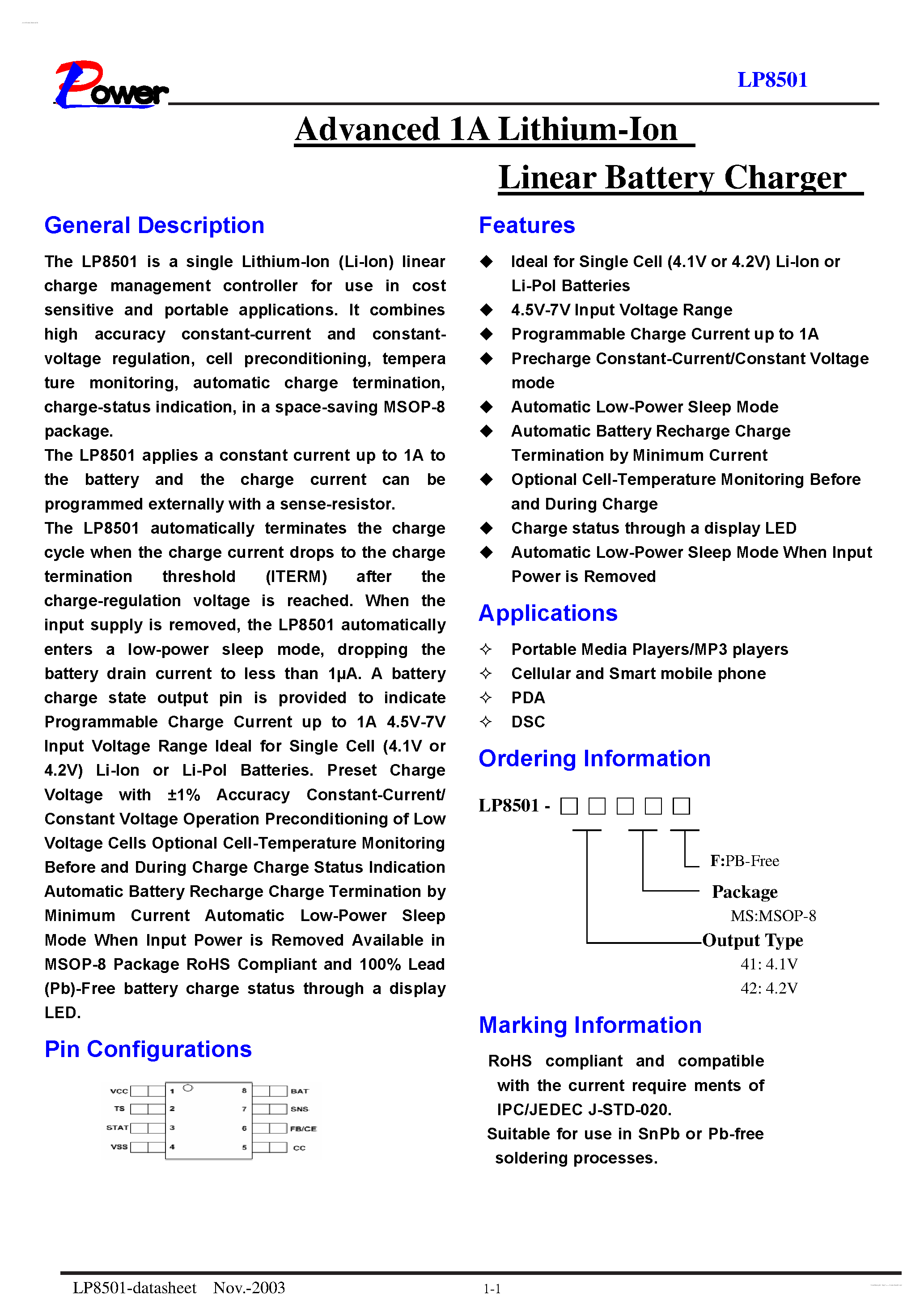 Datasheet LP8501 page 1 Datasheet LP8501 - Advanced 1A Lithium-Ion Linear Battery Charger page 1