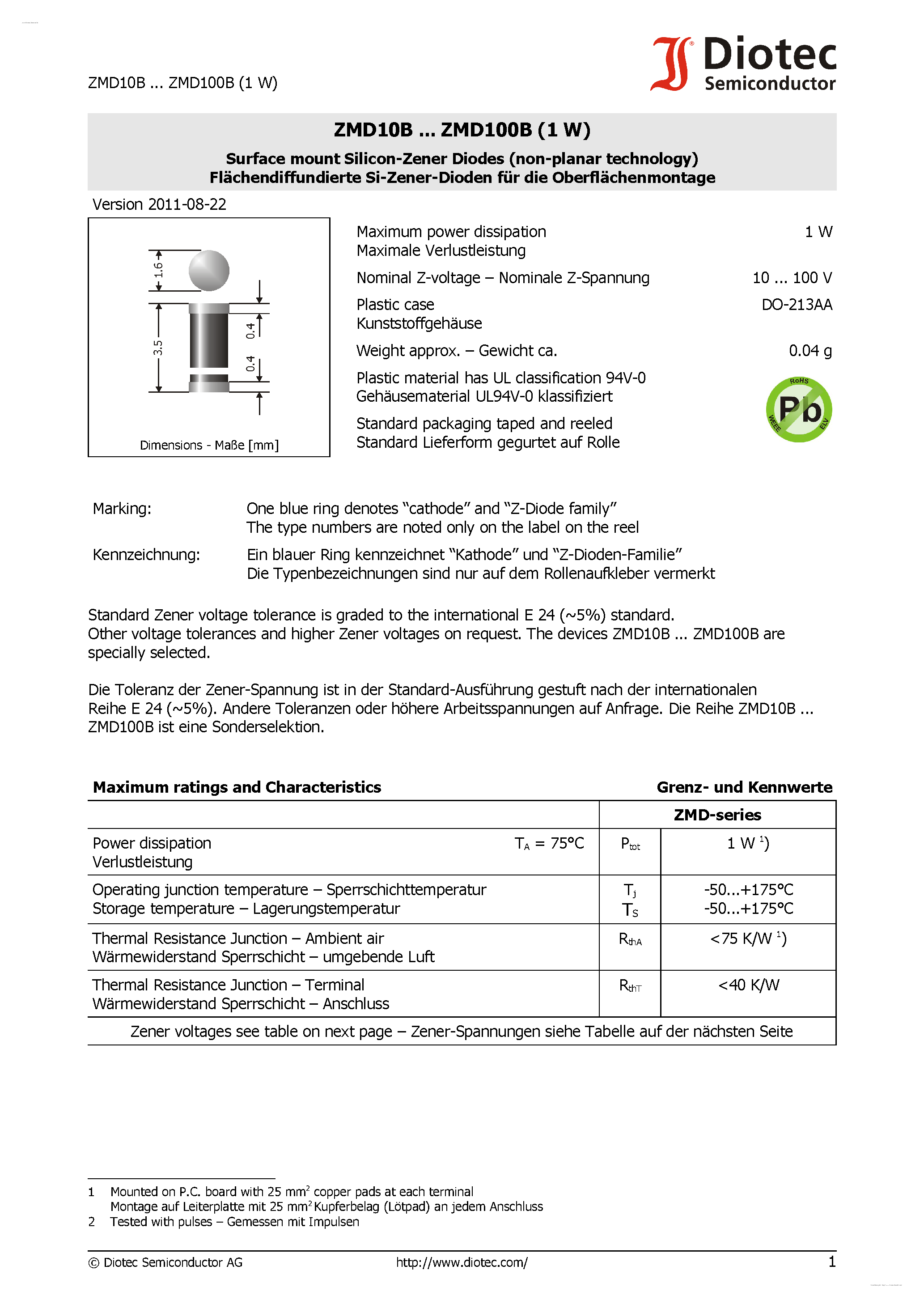Datasheet ZMD100B - (ZMD10B - ZMD100B) Surface mount Silicon-Zener Diodes page 1