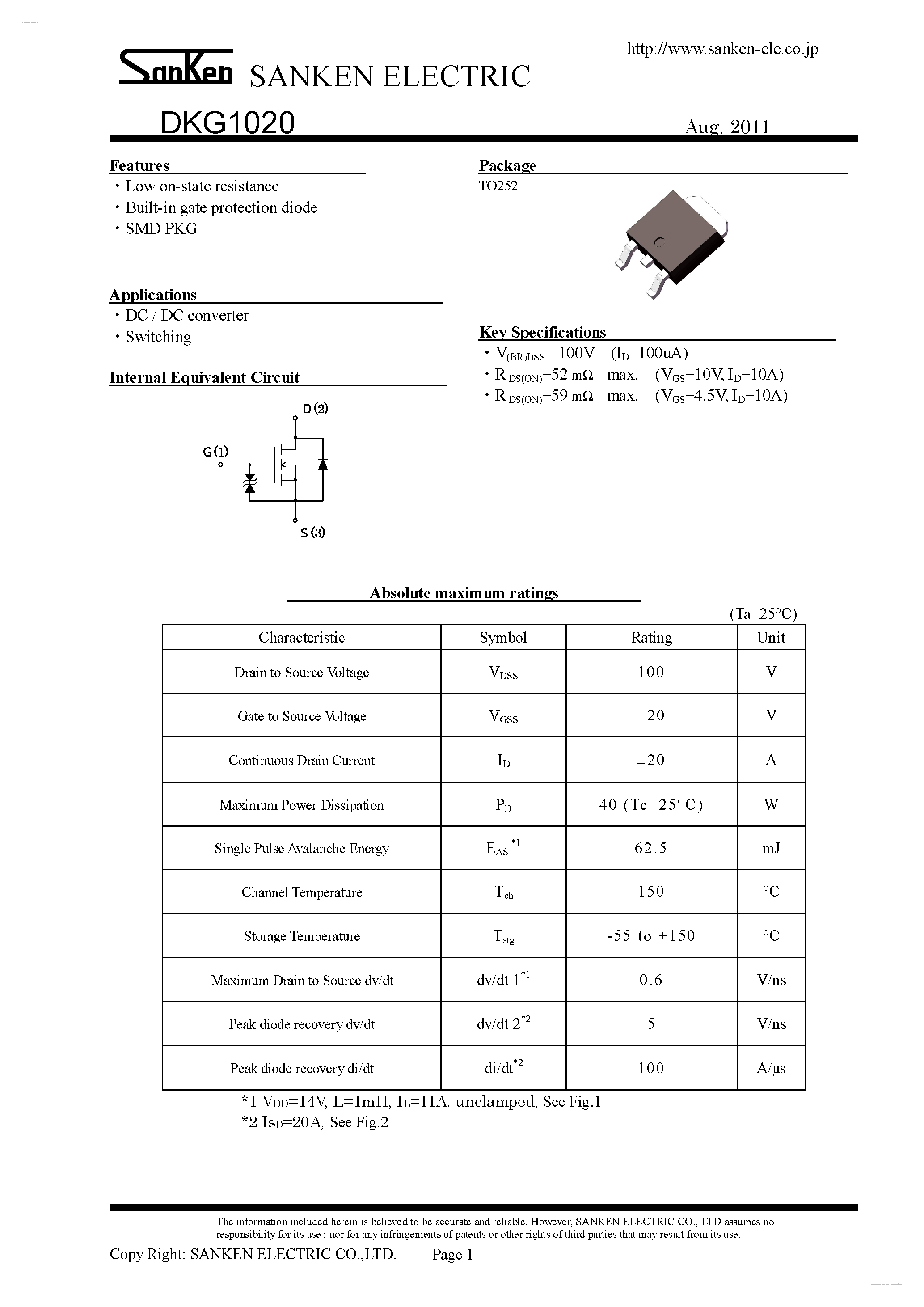 Datasheet DKG1020 page 1 Datasheet DKG1020 - Low on-state resistance page 1