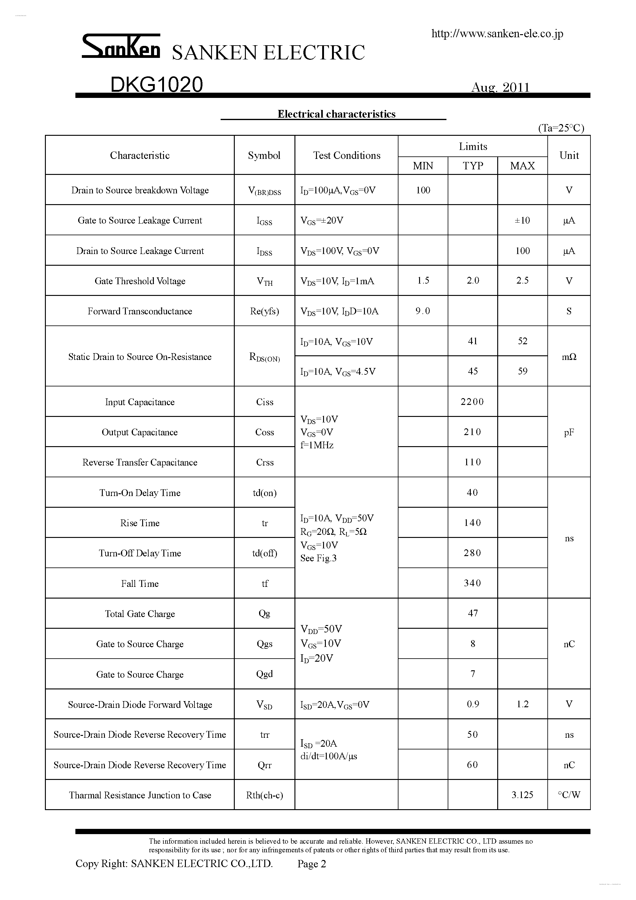 Datasheet DKG1020 page 2 Datasheet DKG1020 - Low on-state resistance page 2