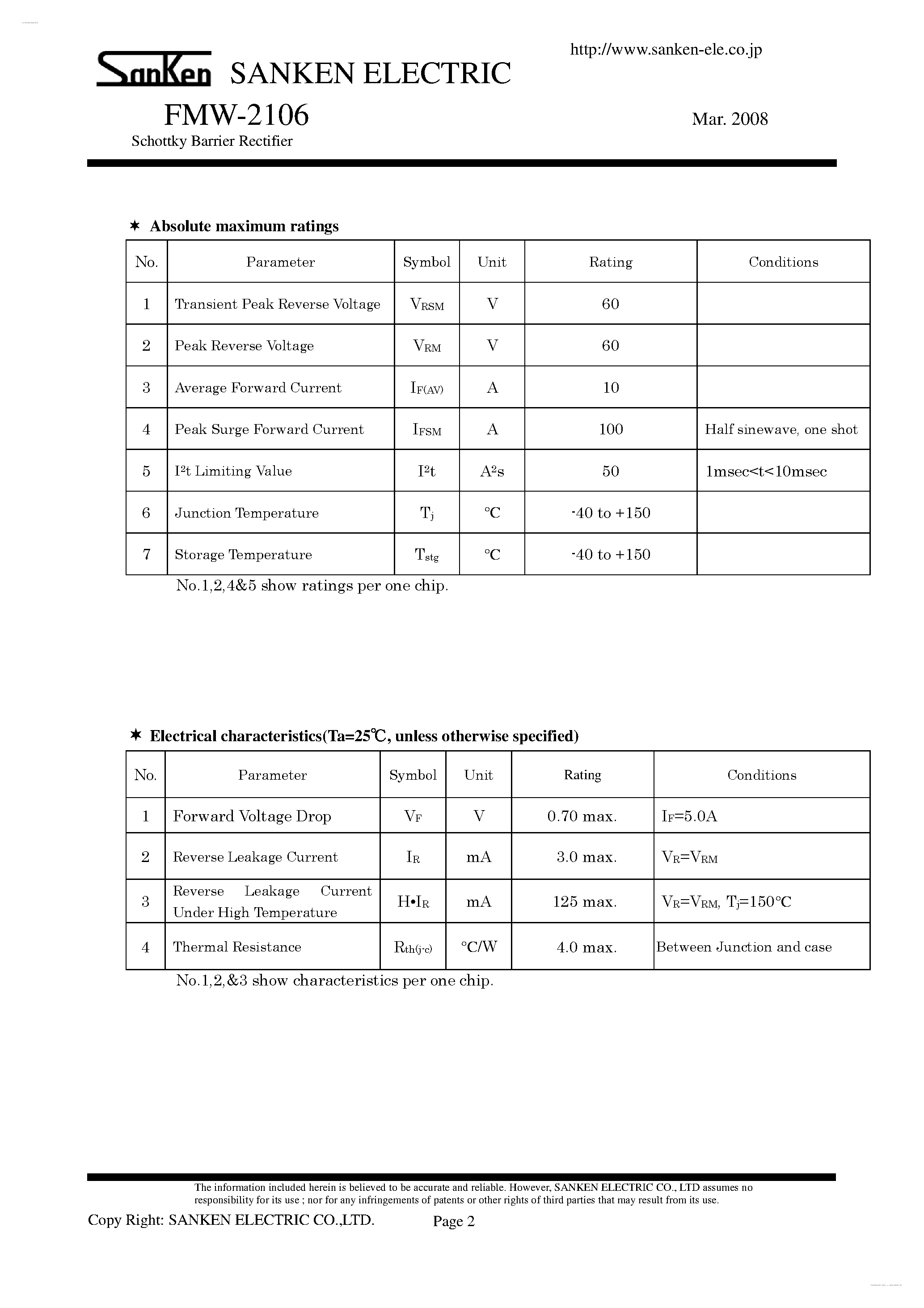 Datasheet FMW-2106 page 2 Datasheet FMW-2106 - Schottky Barrier Rectifier page 2
