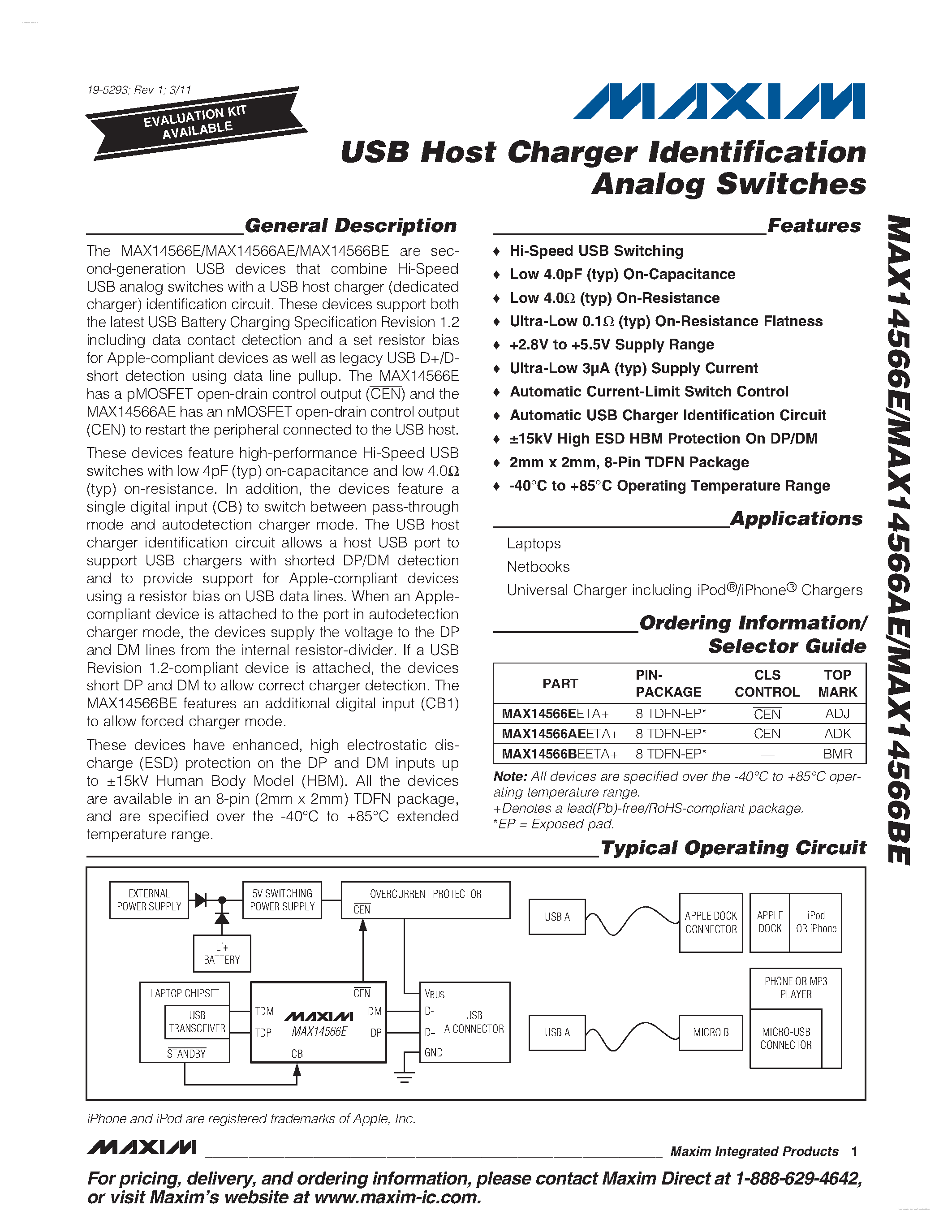 Datasheet MAX14566AE - USB Host Charger Identification Analog Switches page 1