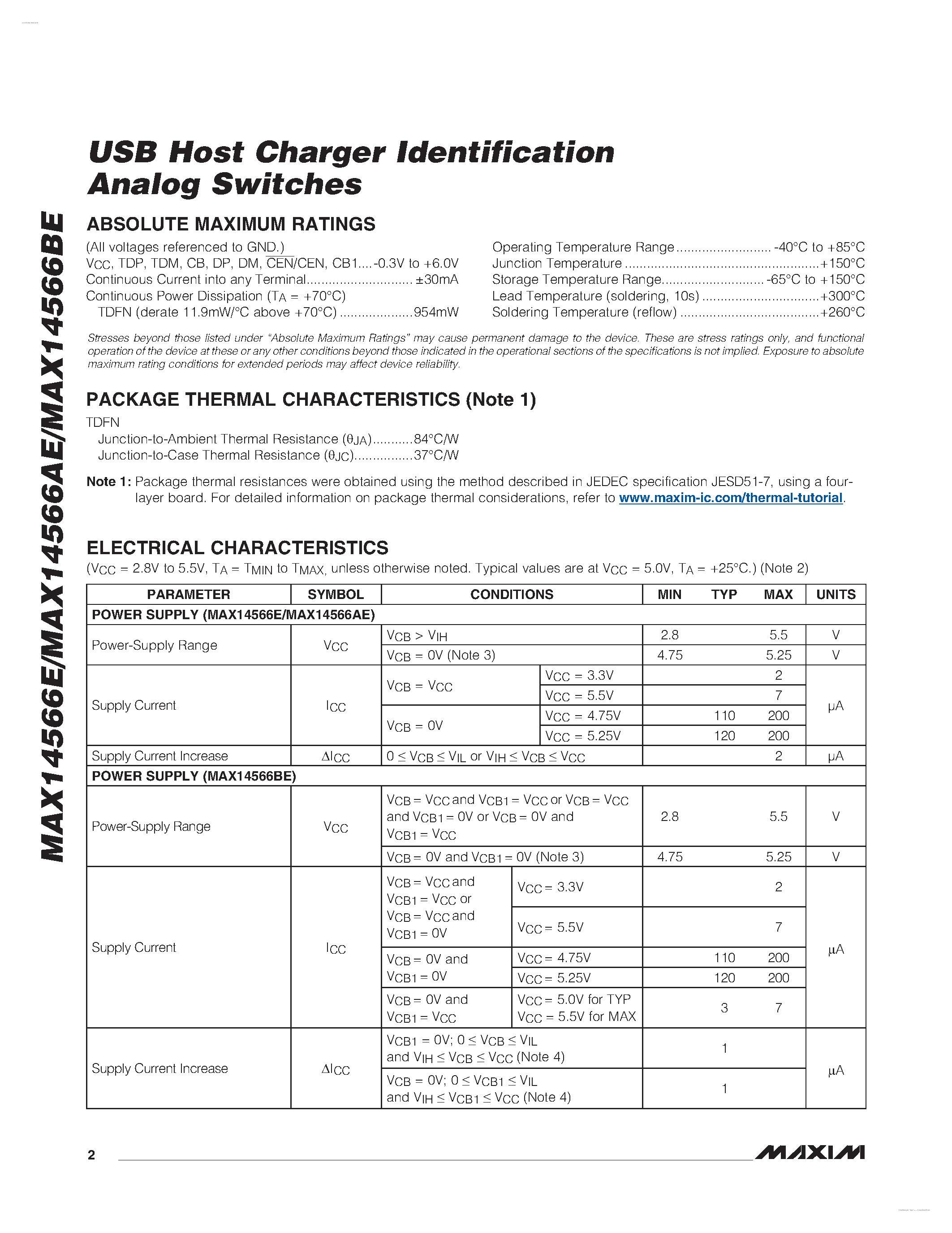 Datasheet MAX14566AE - USB Host Charger Identification Analog Switches page 2