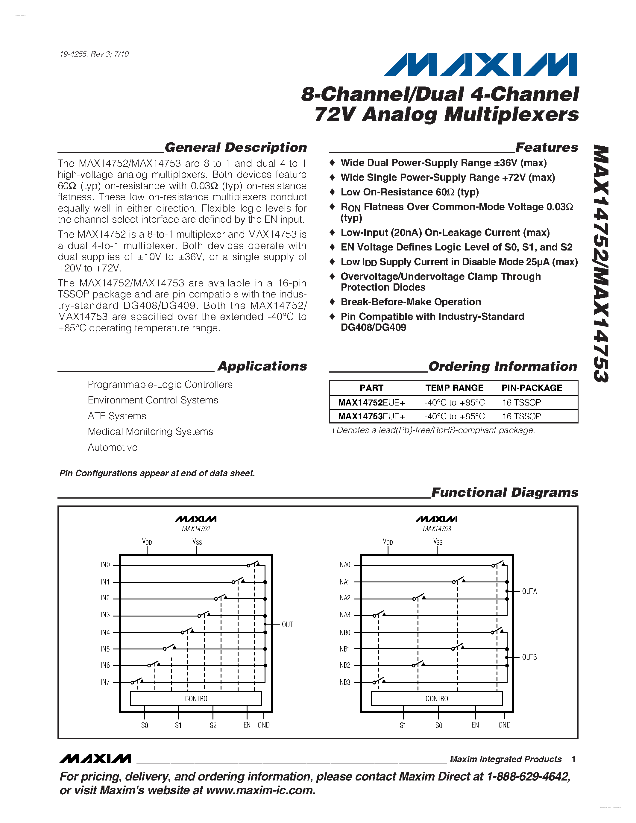 Datasheet MAX14752 - (MAX14752 / MAX14753) 8-Channel/Dual 4-Channel 72V Analog Multiplexers page 1