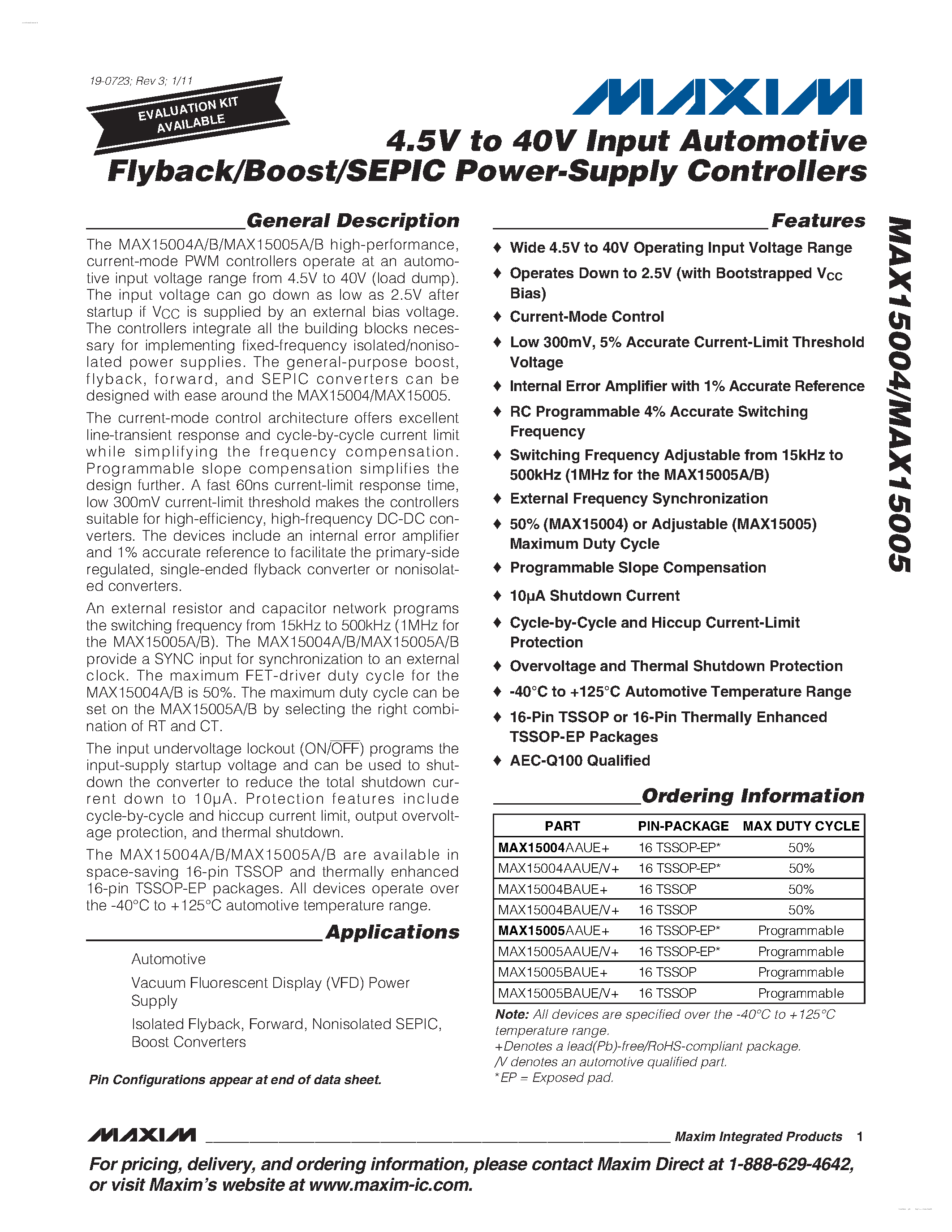 Datasheet MAX15004 - (MAX15004 / MAX15005) 4.5V to 40V Input Automotive Flyback/Boost/SEPIC Power-Supply Controllers page 1