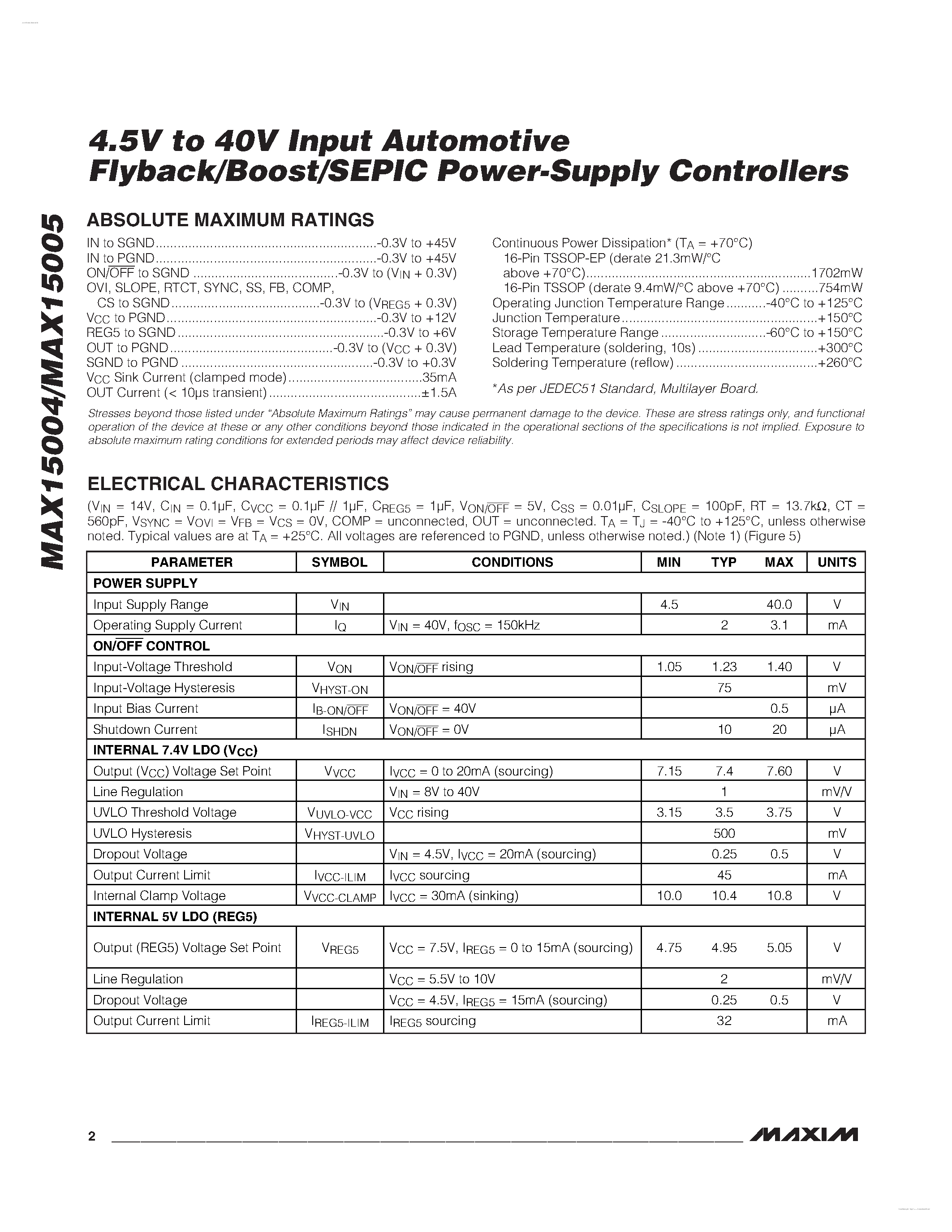 Datasheet MAX15004 - (MAX15004 / MAX15005) 4.5V to 40V Input Automotive Flyback/Boost/SEPIC Power-Supply Controllers page 2