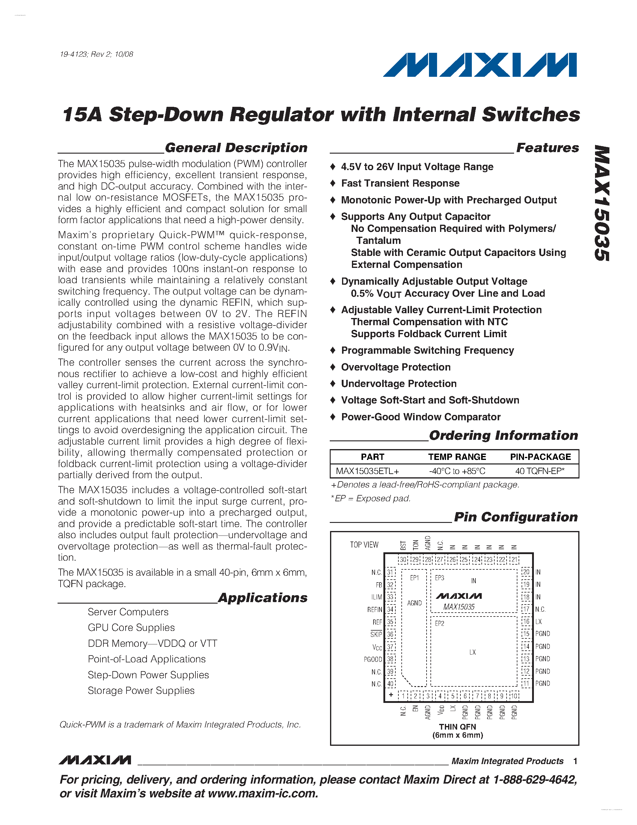 Datasheet MAX15035 - 15A Step-Down Regulator page 1