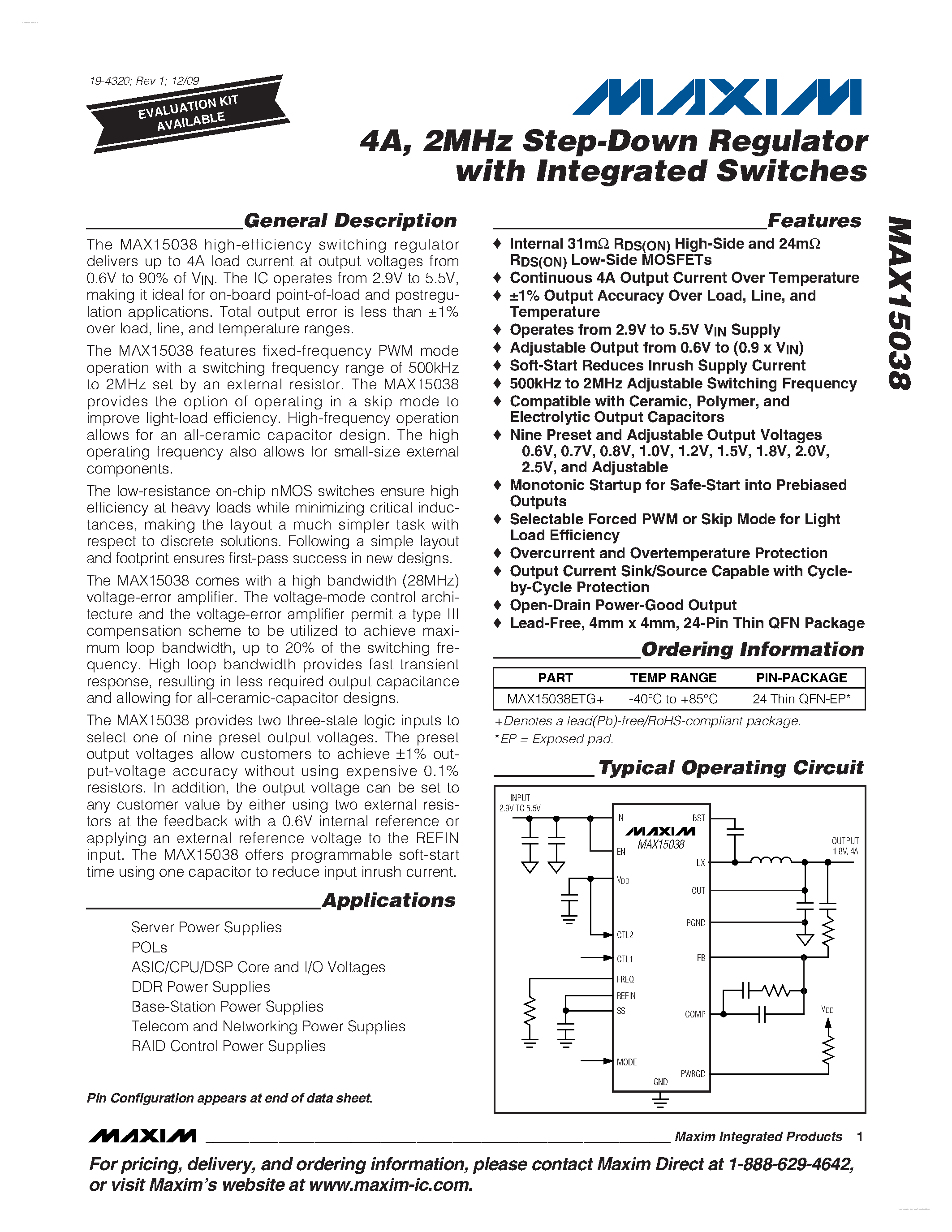 Datasheet MAX15038 - 2MHz Step-Down Regulator page 1