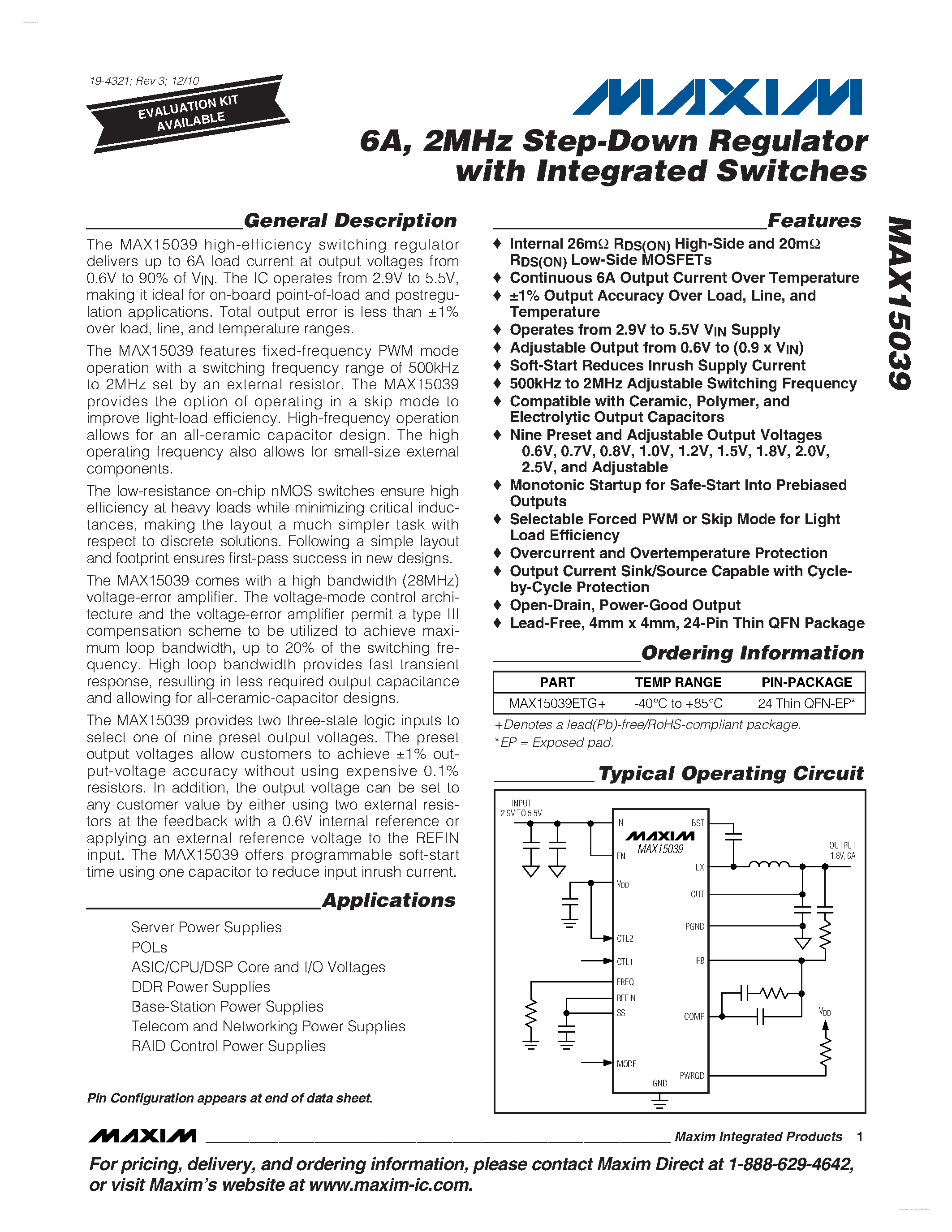 Datasheet MAX15039 - 2MHz Step-Down Regulator page 1