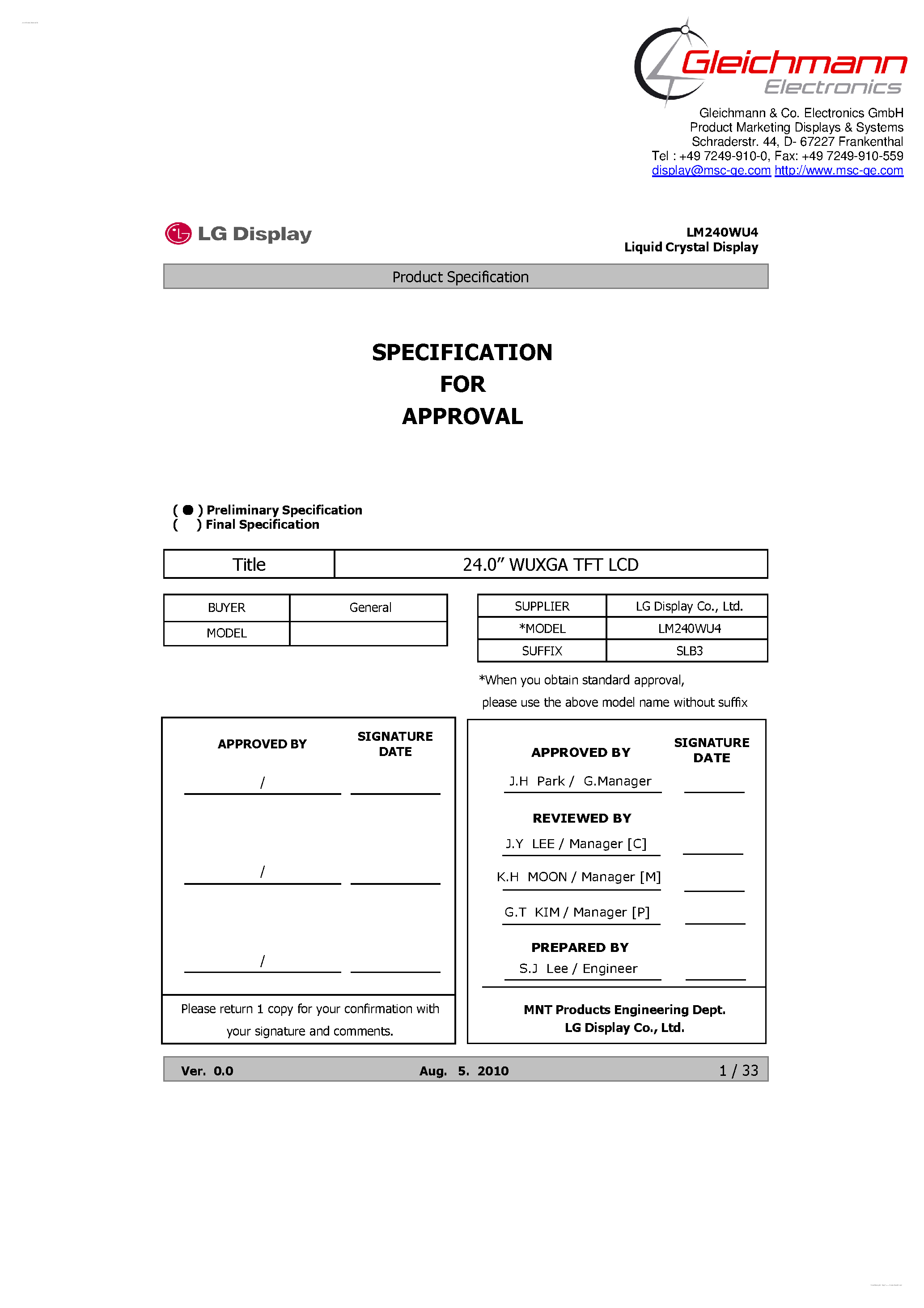 Datasheet LM240WU4-SLB3 page 1 Datasheet LM240WU4-SLB3 - Display Module page 1