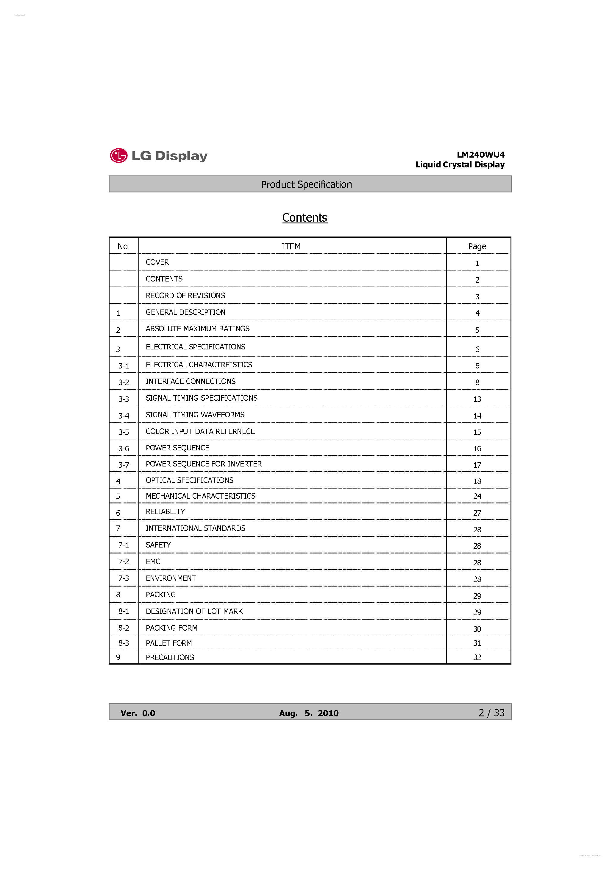 Datasheet LM240WU4-SLB3 page 2 Datasheet LM240WU4-SLB3 - Display Module page 2
